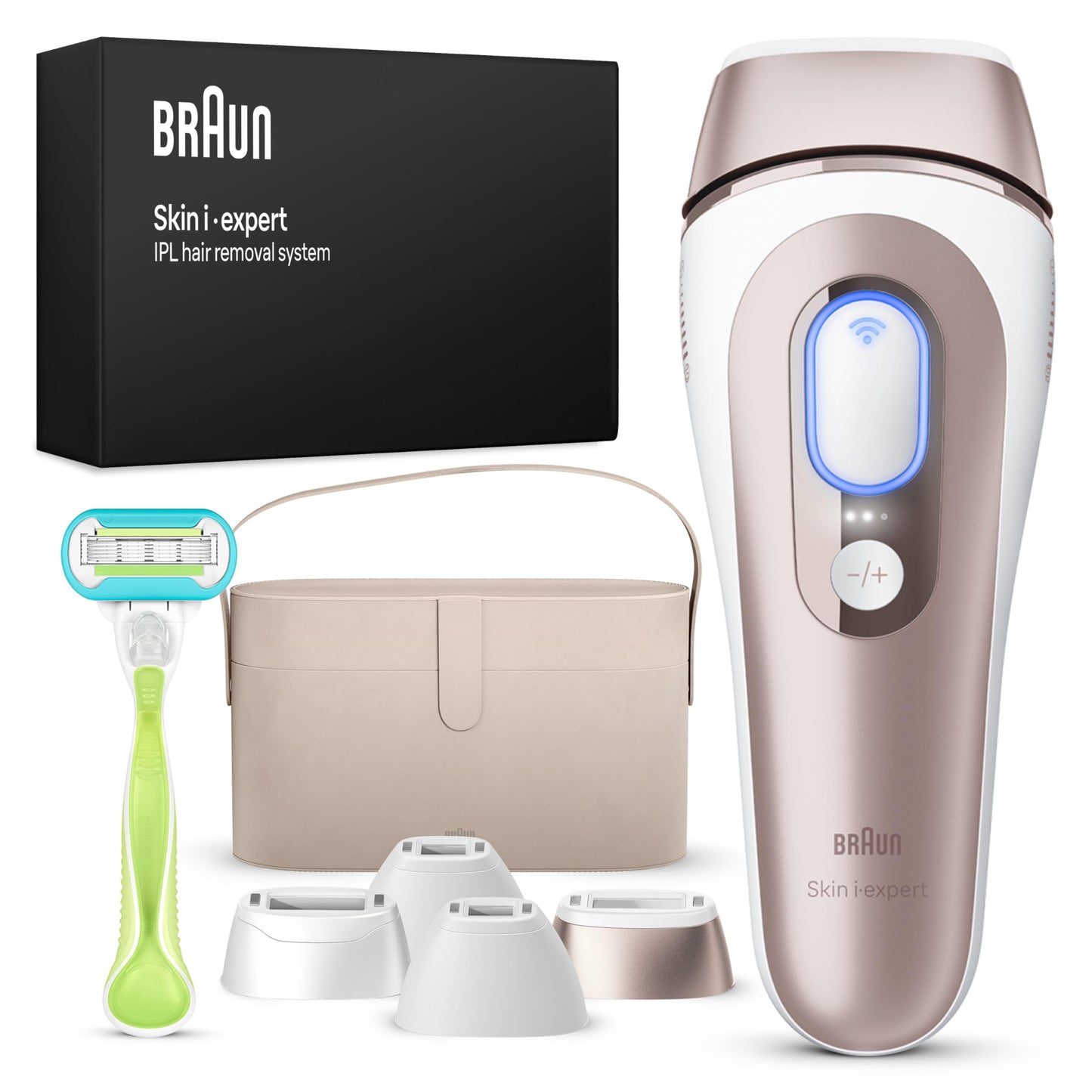 Braun Smart IPL 7 Skin i·expert – IPL Haarentfernungsgerät, Dauerhafte und Schmerzfreie Haarentfernung für Zuhause – inkl. Gratis App, Etui, Venus Rasierer, 3 smarte Aufsätze – PL7253, Weiß/Rosegold