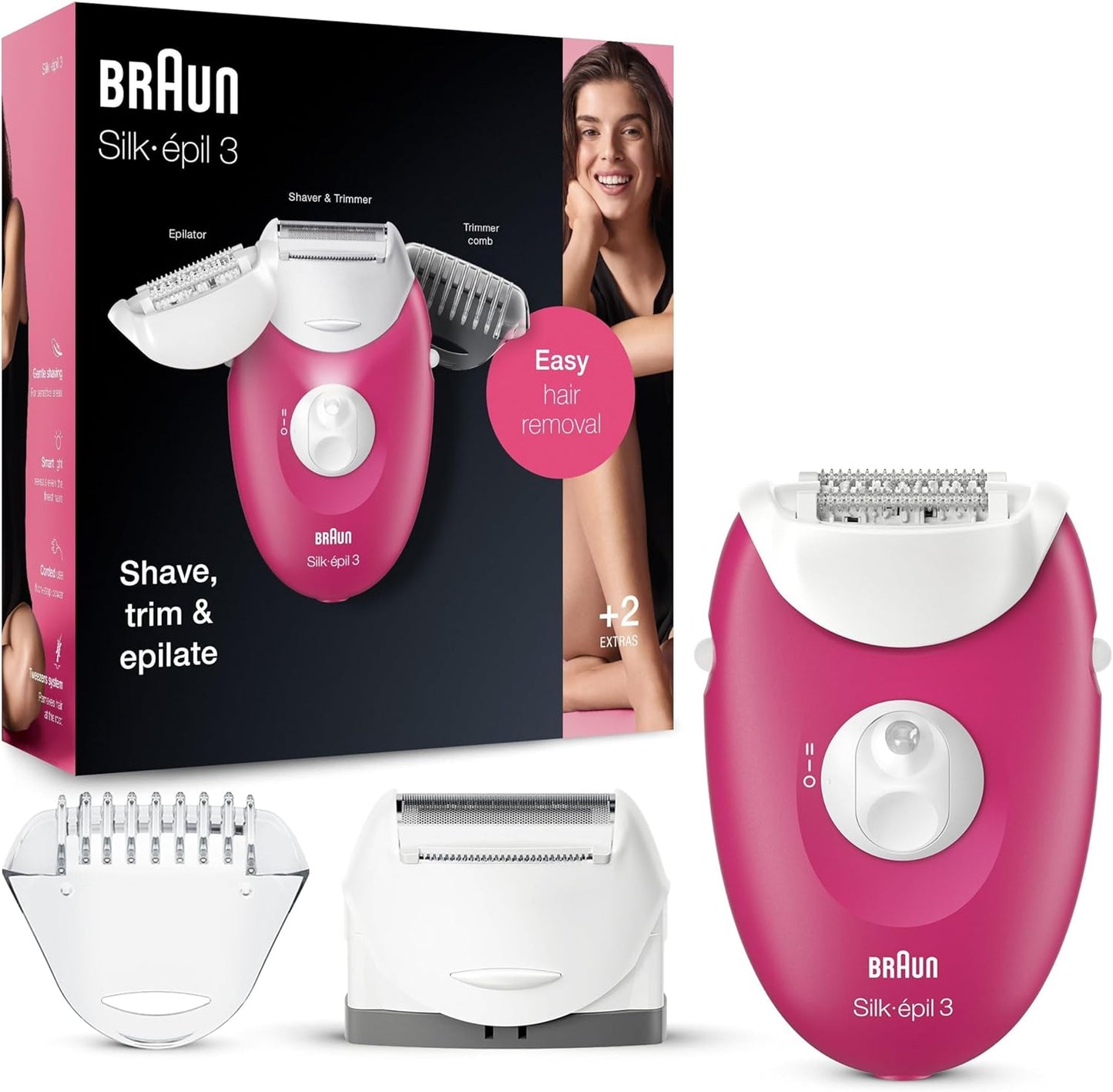 Braun Silk-Epil 3 3-410 Epilators for Women, Raspberry Corded Epilator with 3 Extras, Pink