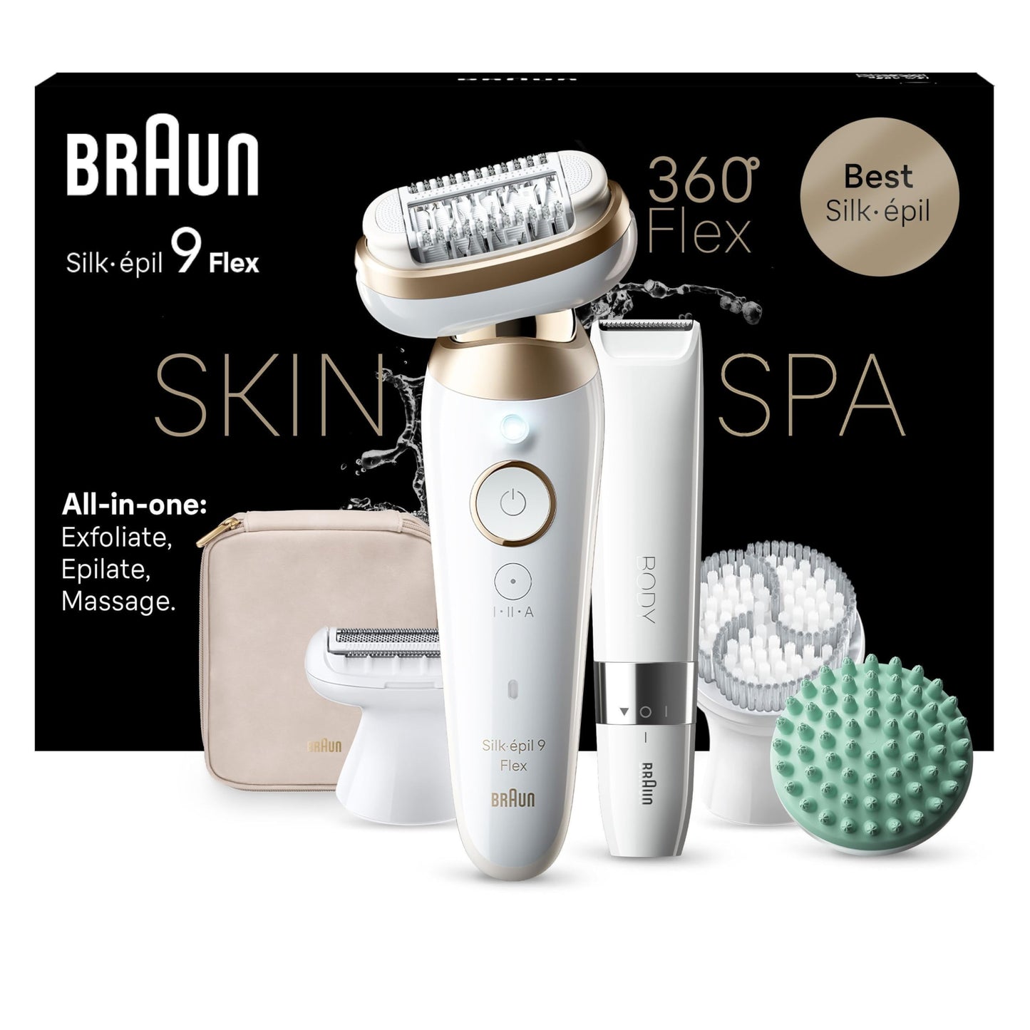 Braun Silk-épil 9 Flex, Epilierer mit flexiblem 360°-Kopf für eine einfache Haarentfernung, Wet&Dry, langanhaltend glatte Haut, Ladyshaver, mit Rasieraufsatz und Trimmeraufsatz, 9-041 3D, Weiß/Gold
