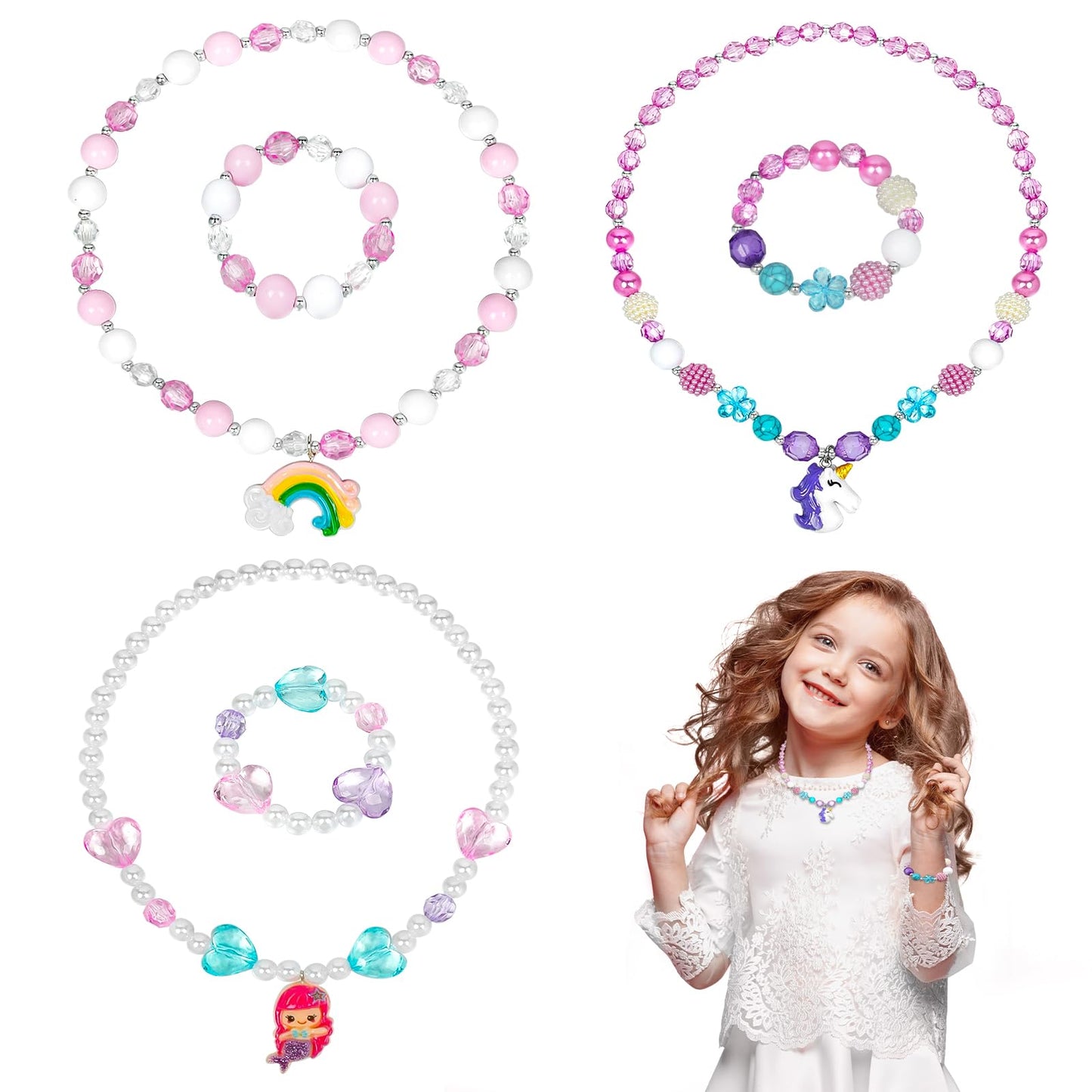 OSDUE Schmuckset Mädchen, Kinderschmuck Enthalten Halskette, Ringe, Armbänder, Ohrring, Schmuck Set Einhorn für Party Dress Up Geschenk