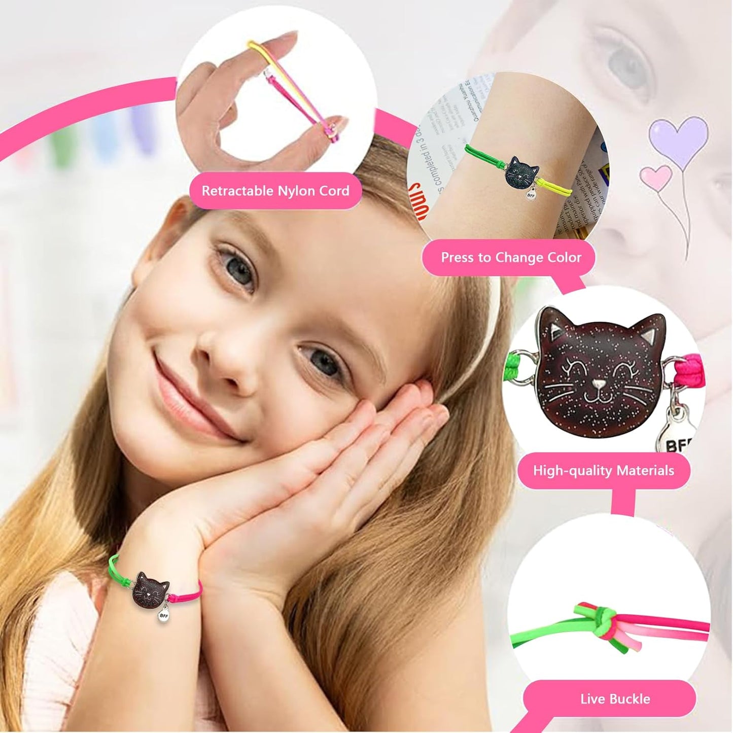 Pack of 2 Mood Bracelets, Friendship Bracelets, Girls' Changing Rainbow Colours, Elastic Colour Changing Cat Bracelet for Children, Children's Birthdays, Boys and Girls, Silicone