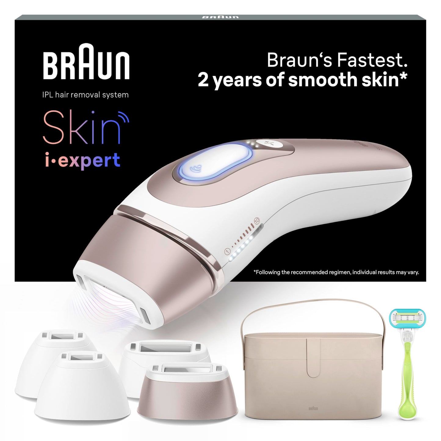 Braun Smart IPL 7 Skin i·expert – IPL Haarentfernungsgerät, Dauerhafte und Schmerzfreie Haarentfernung für Zuhause – inkl. Gratis App, Etui, Venus Rasierer, 3 smarte Aufsätze – PL7253, Weiß/Rosegold