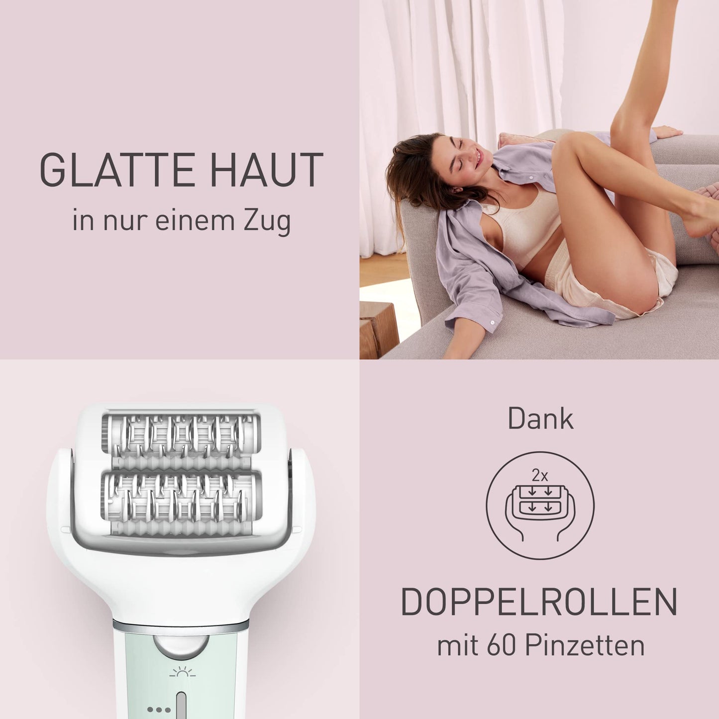 Panasonic ES-EY90-A503 Nass/Trockenepilierer, Dual Disc mit 60 Pinzetten, 90° schwenkbarer Kopf, 3 Geschwindigkeiten & LED-Licht, 30 Min. Betrieb, kabellos, Haarentferner, Scher- und Fußpflegekopf.