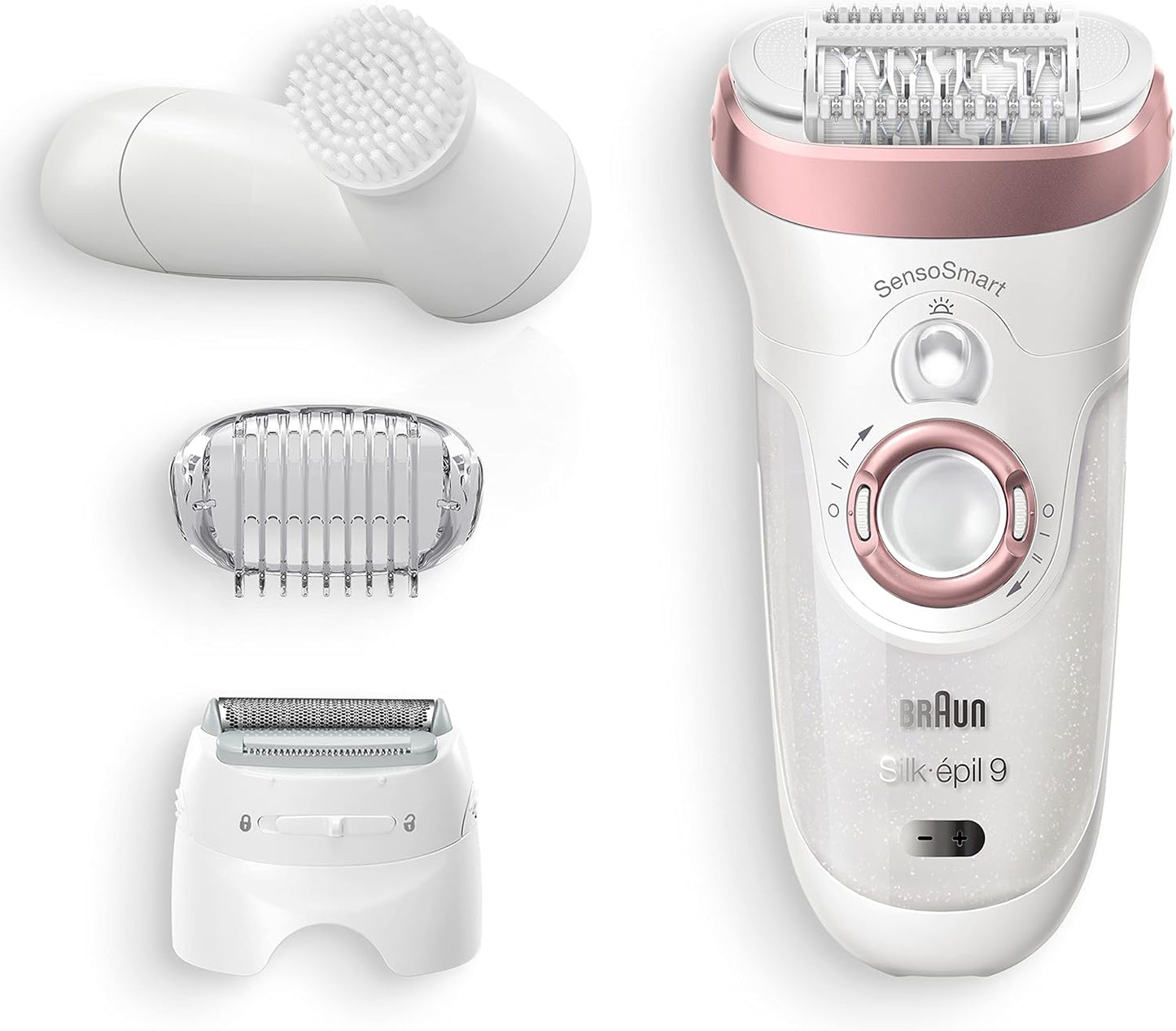 Braun Silk-épil 9 Epilierer Damen / Haarentferner für langanhaltende Haarentfernung, inkl. Gesichtsreinigungsbürste, Rasier- und Trimmeraufsatz, 9-855, weiß/roségold