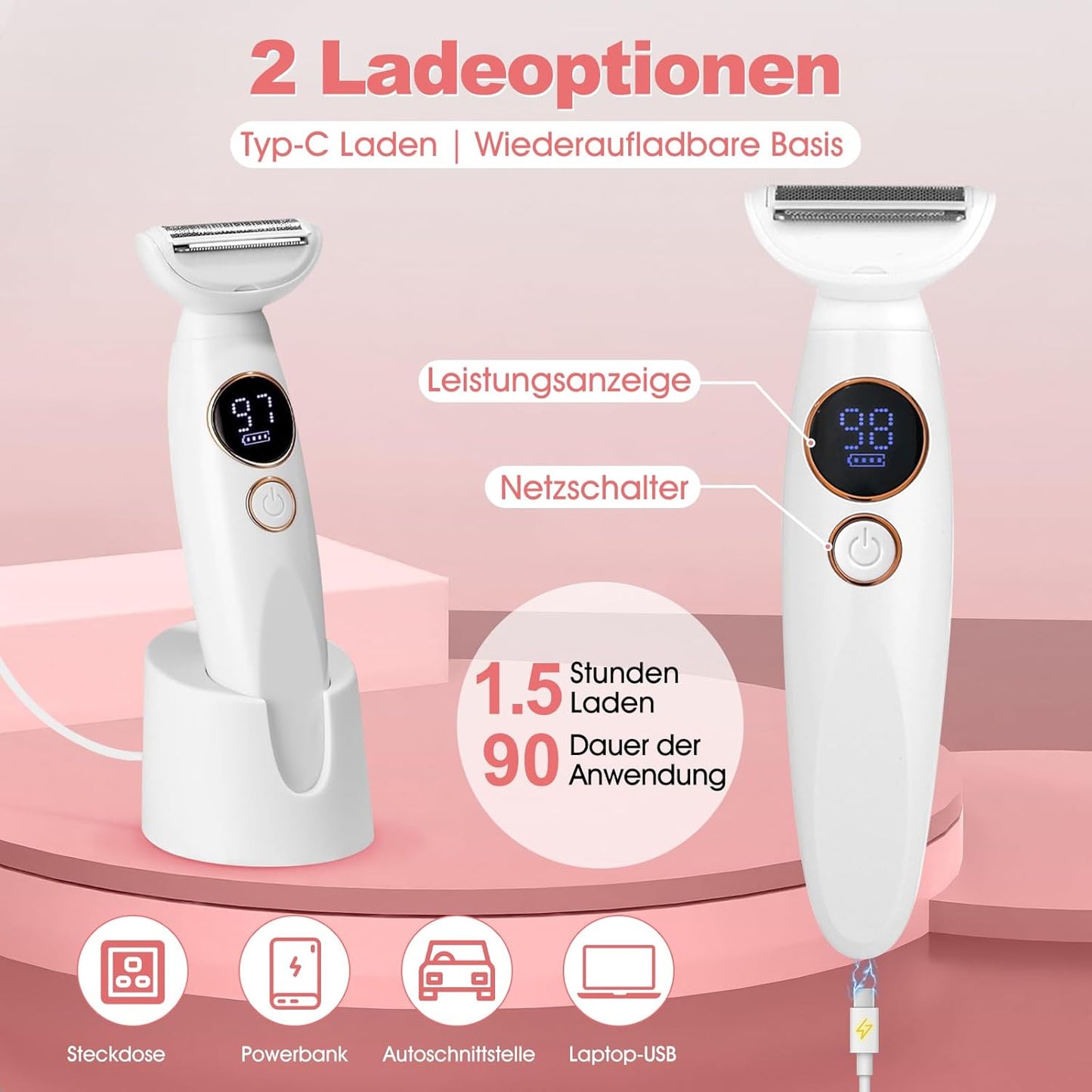 Epilierer Damen, 5-in-1 Kabelloser Intimrasierer Für Frauen, Ipx7 Wasserdicht Damenrasierer Elektrisch, Haartrimmer Intimbereich Mit Ladestation, Bikini Trimmer Für Achseln Beine Gesicht Nase