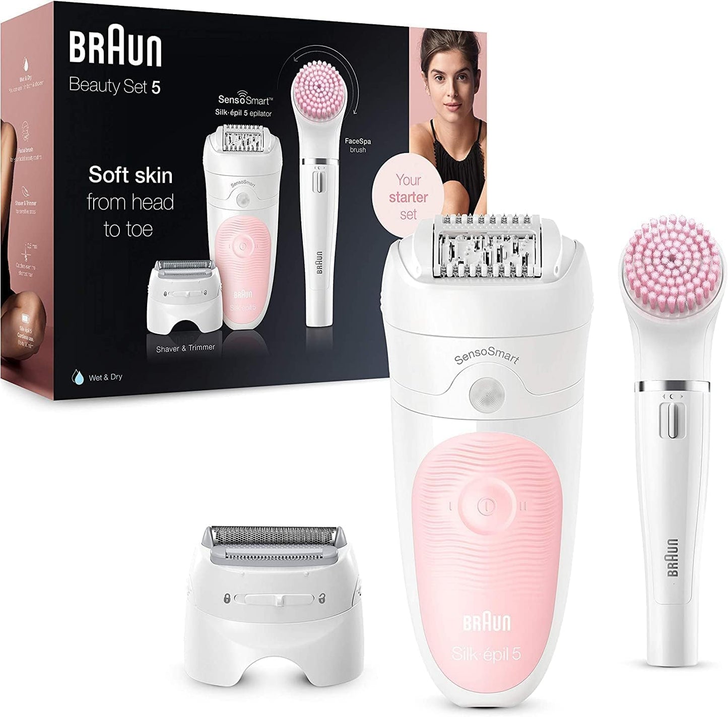 Braun Silk-épil 5, Epilierer Damen / Haarentferner für langanhaltende Haarentfernung, Ladyshaver,Trimmeraufsatz, Peelingaufsätz, Made in Germany, 5-060, Weiß/Flamingorosa