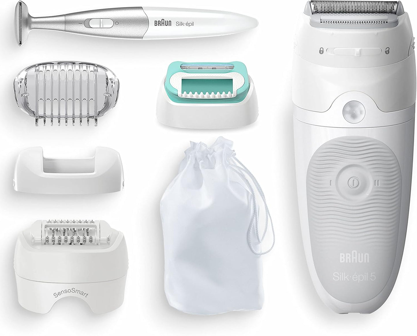 Braun Silk-épil 5 Epilierer Damen für Haarentfernung / Haarentferner, inkl. Bikinitrimmer (Haartrimmer Intimbereich), Einsteiger-Aufsatz, schwenkbarer Kopf, 5-825, weiß/grau