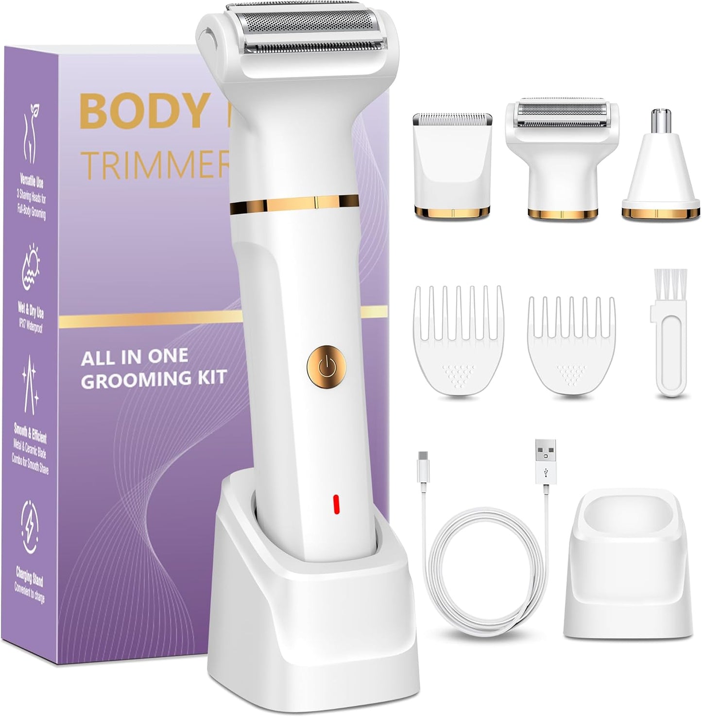 Rasierer Damen, 3-in-1 Intimrasierer für Frauen für Beine, Arme, Achseln und Bikinizone, Wiederaufladbar mit USB-Ladestation, Wasserdicht für Nass- und Trockenanwendung Damenrasierer Elektrisch, Weiß