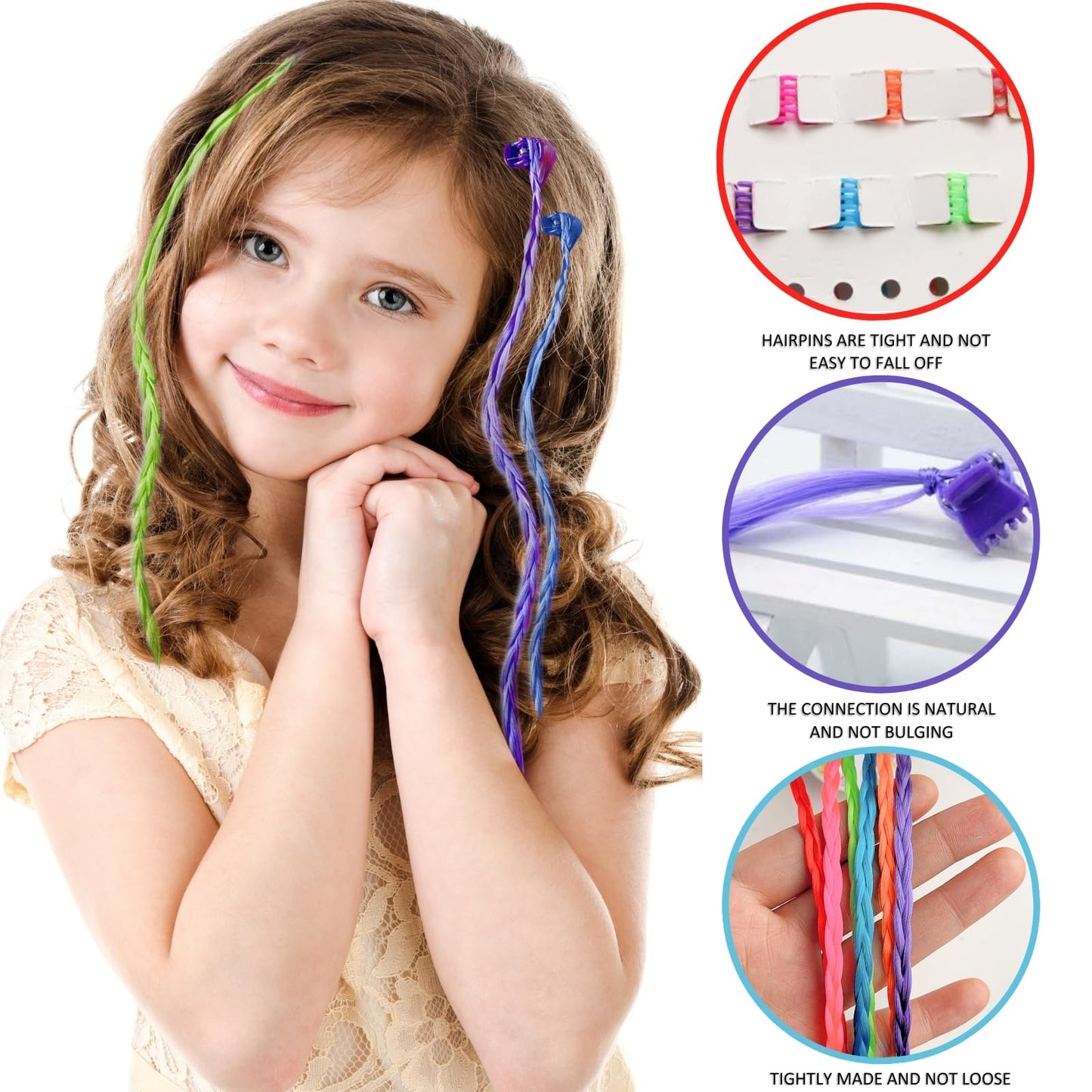 KEYRI 36 Stück Farbige Haarverlängerung Bunte Clips Haarschmuck Mädchen Kinder Haarsträhnen zum Einklipsen für Party Festival Deko Geschenke