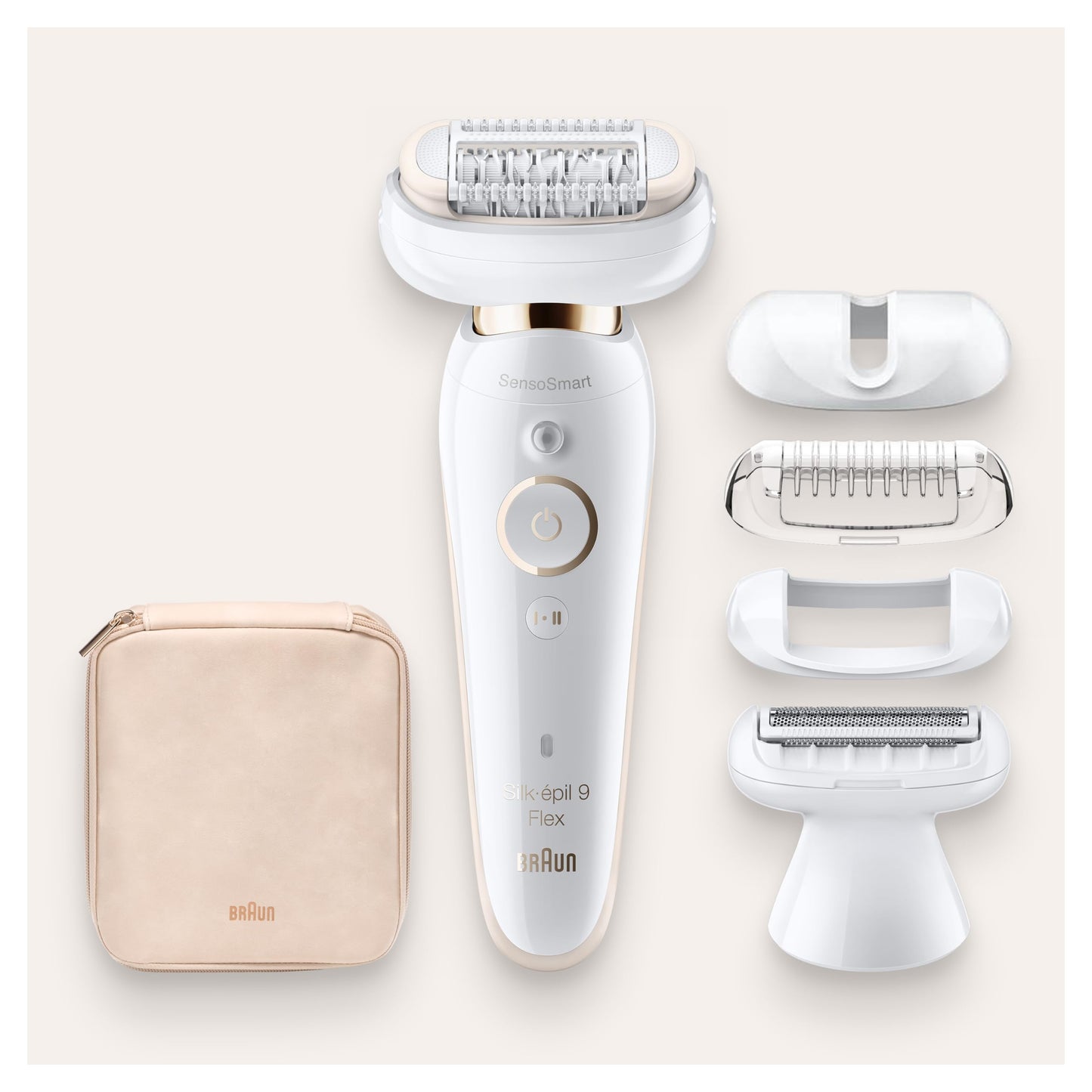 Braun Silk-épil 9 Flex Beauty-Set, Epilierer Damen / Haarentferner, FaceSpa Gesichtsreinigungsbürste, 9 Aufsätze, Tasche, mit flexiblem Kopf für einfachere Haarentfernung, 9100, weiß/gold