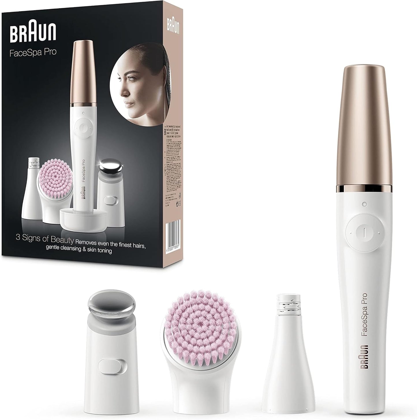 Braun FaceSpa Pro Beauty Set mit Gesichtsepilierer, Gesichtsreinigungsbürste, Aufsatz, Halter und Tasche, SE912, weiß/bronze & Face Mini-Haarentferner, für Damen, FS1000, weiß
