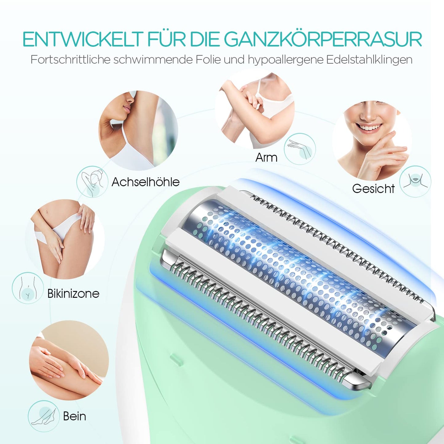 VOGOE Women's Epilator for Hair Removal, Epelator Body 4 in 1 Electric Wireless, 21 Tweezers for Face, Legs, Arms, Bikini, HR310 Green