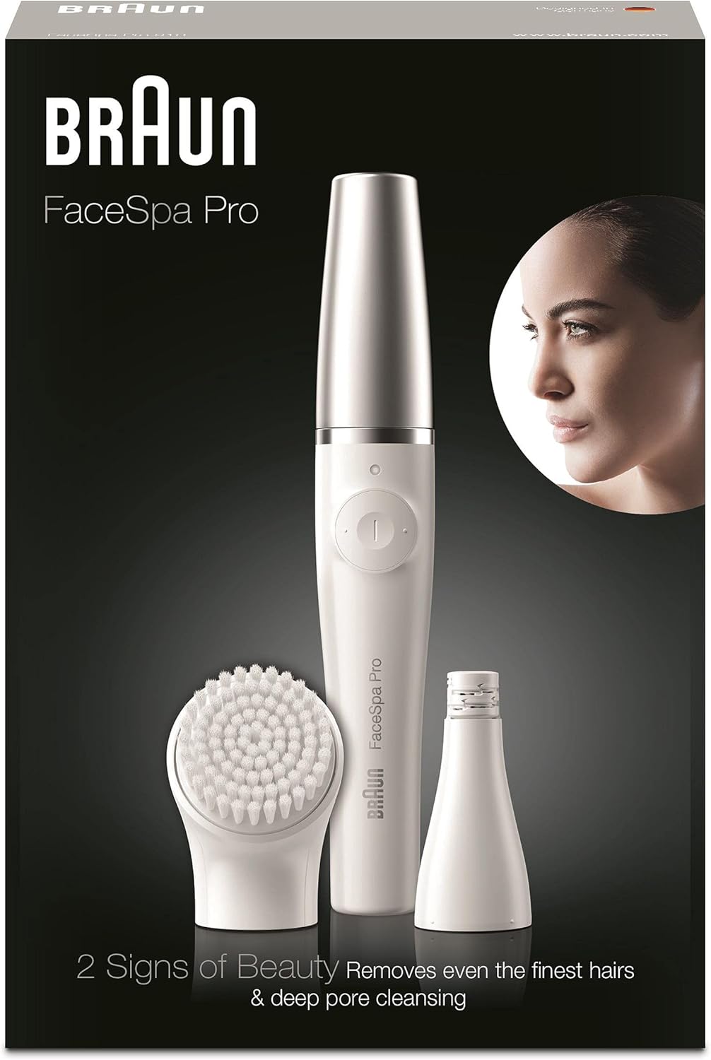 Braun FaceSpa Pro Beauty Set mit Gesichtsepilierer Damen / Damenbart Entferner, Gesichtsreinigungsbürste, Aufsatz, Haarentfernung und Reinigung, SE910, weiß/silber