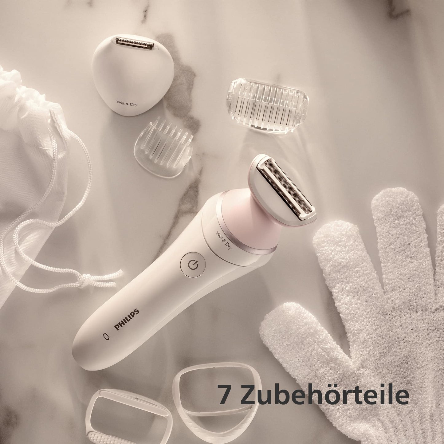 Philips Lady Shaver Series 6000 – Kabelloser Nass- und Trockenrasierer mit 4 Zubehörteilen, Körperpeeling-Handschuh, Kammaufsatz (Modell BRL136/00)