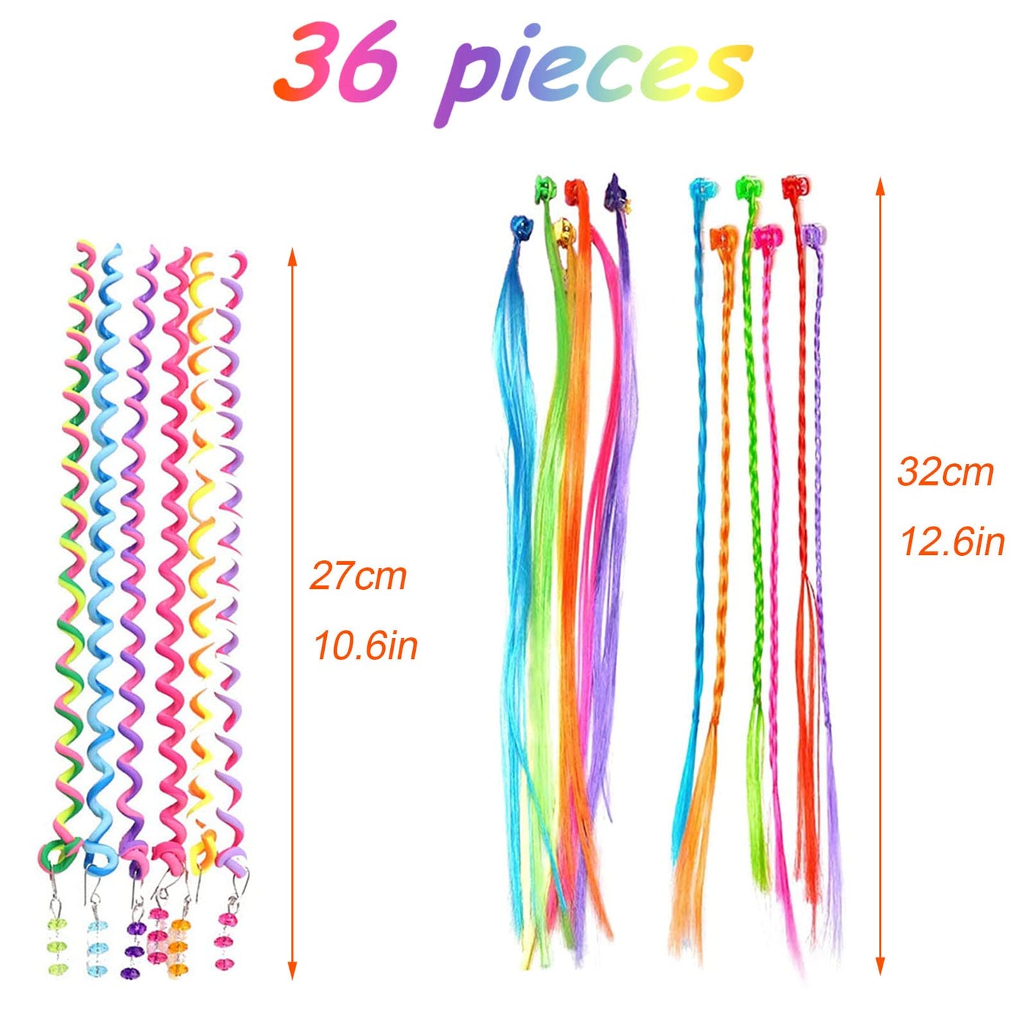 KEYRI 36 Stück Farbige Haarverlängerung Bunte Clips Haarschmuck Mädchen Kinder Haarsträhnen zum Einklipsen für Party Festival Deko Geschenke