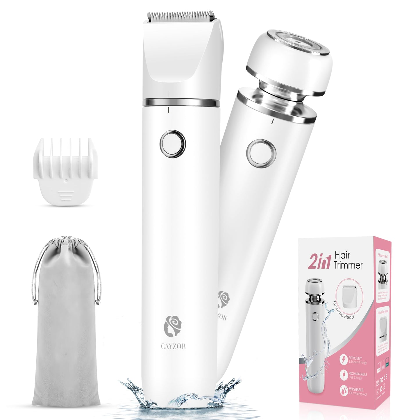 Cayzor Intimate Shaver for Women - 2 in 1 Wet/Dry Waterproof Razor Women's Intimate Area Wireless and Painless Facial Hair Remover for Pubic Face Armpits Legs