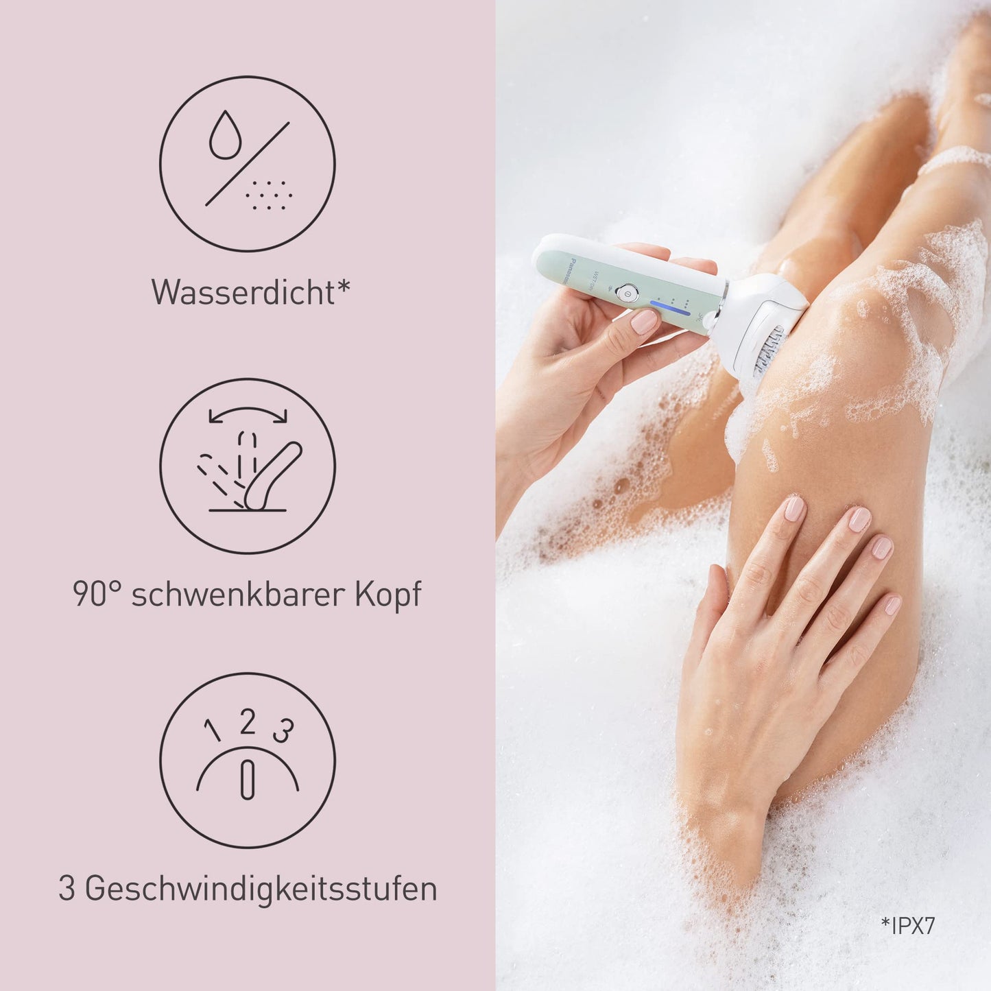 Panasonic ES-EY90-A503 Nass/Trockenepilierer, Dual Disc mit 60 Pinzetten, 90° schwenkbarer Kopf, 3 Geschwindigkeiten & LED-Licht, 30 Min. Betrieb, kabellos, Haarentferner, Scher- und Fußpflegekopf.