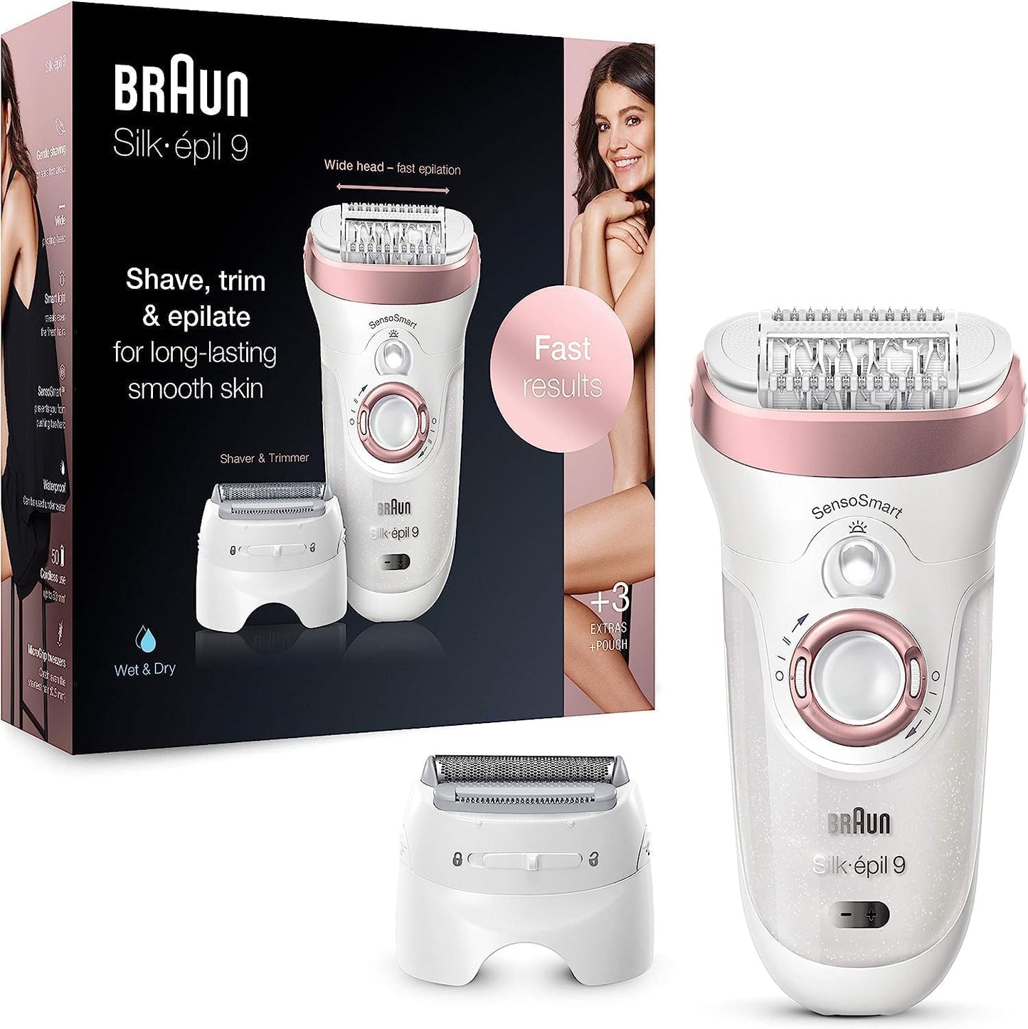 Braun Silk-épil 9, Epilierer mit schwenkbarem Kopf für eine einfache Haarentfernung, Wet&Dry, langanhaltend seidig-glatte Haut, Ladyshaver, Rasieraufsatz und Trimmeraufsatz,9-030, Weiß/Flamingorosa