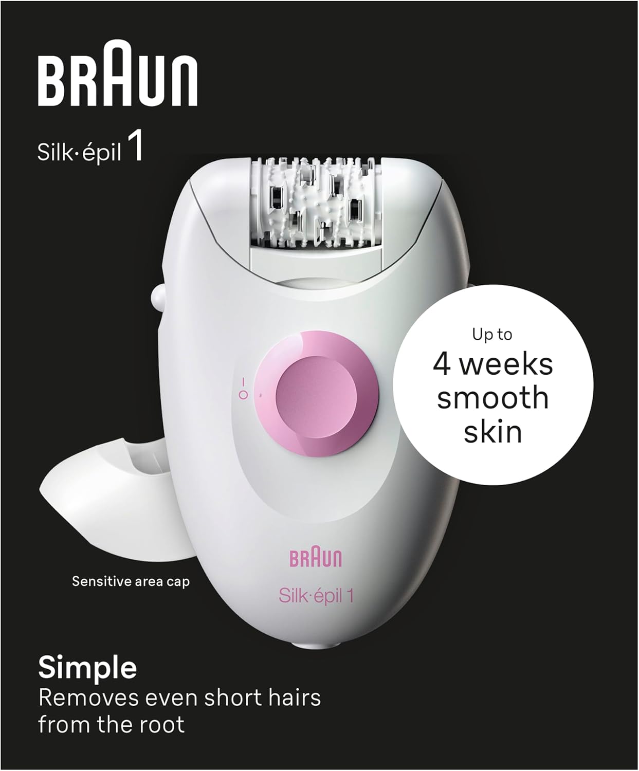 Braun Silk•épil 1 1-010 Epilator with Cable for Hair Removal, for Weeks, Soft Skin, White/Pink