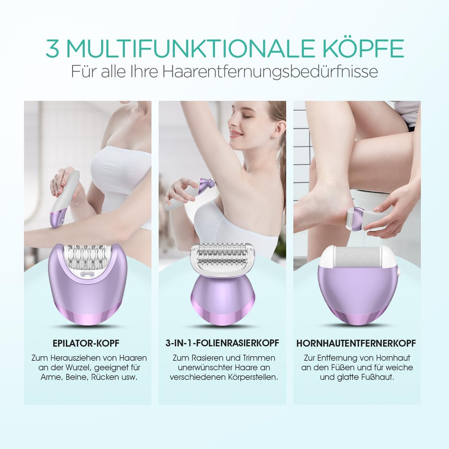 VOYOR Epilierer Damen für Haarentfernung, Elektrischer Kabelloser Epilierer, 3 Aufsätze für Rasierer und Trimmer Gedeckte 30 Pinzetten, Nass & Trocken, mit LCD-Licht BM300 (Lila)