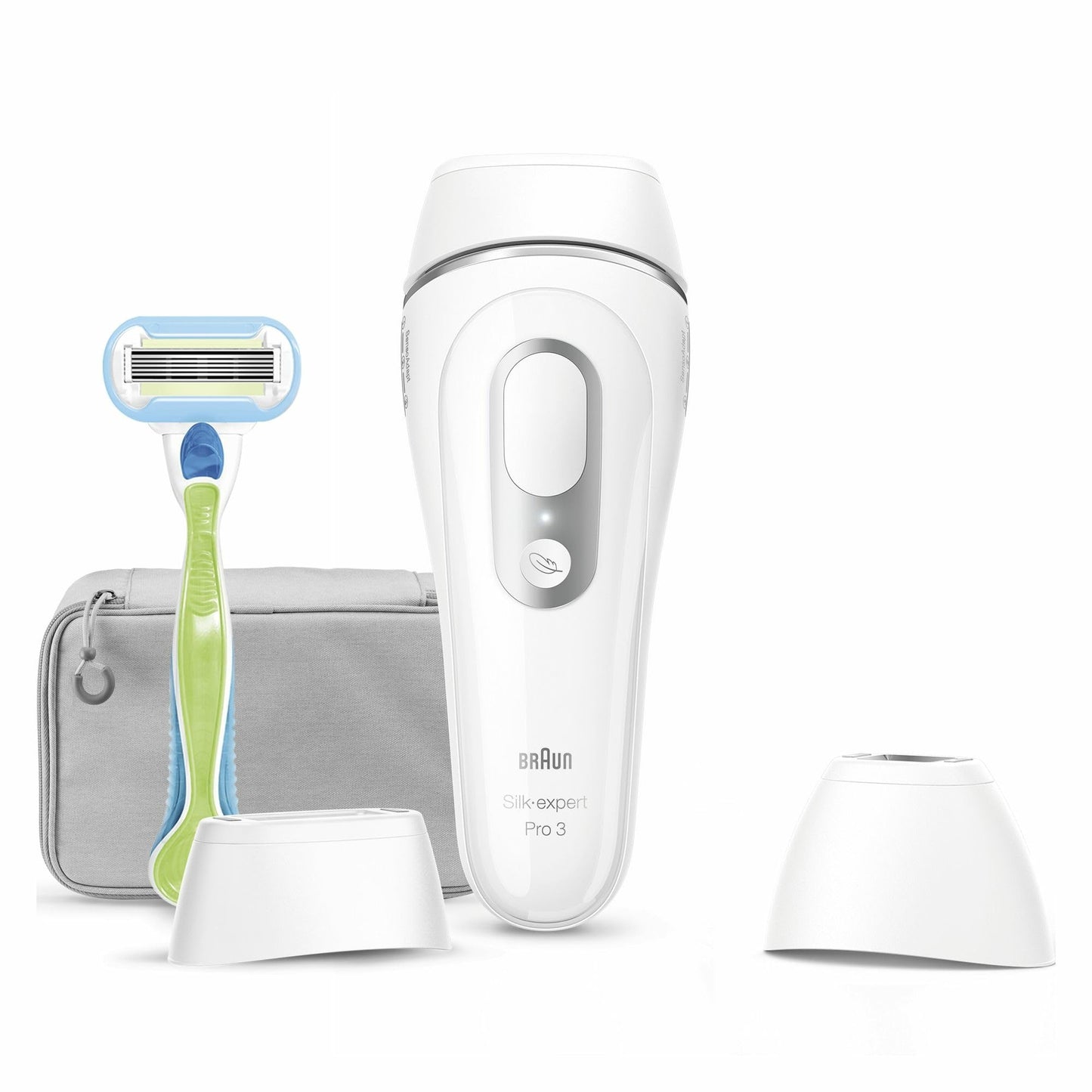 Braun Silk·expert Pro 3 Epilierer mit Lichtimpulsen, semi-Definitive Haarentfernung der Haare, Alternative zu Laser, Tasche, Venus-Rasierer, 2 Köpfe, weiß/silber, PL3122