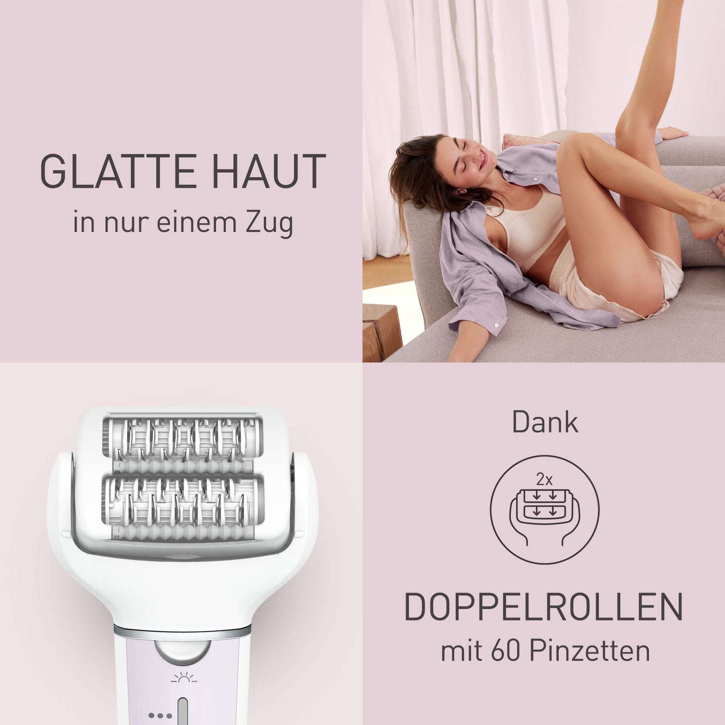 Panasonic ES-EY90-A503 Nass/Trockenepilierer, Dual Disc mit 60 Pinzetten, 90° schwenkbarer Kopf, 3 Geschwindigkeiten & LED-Licht, 30 Min. Betrieb, kabellos, Haarentferner, Scher- und Fußpflegekopf.