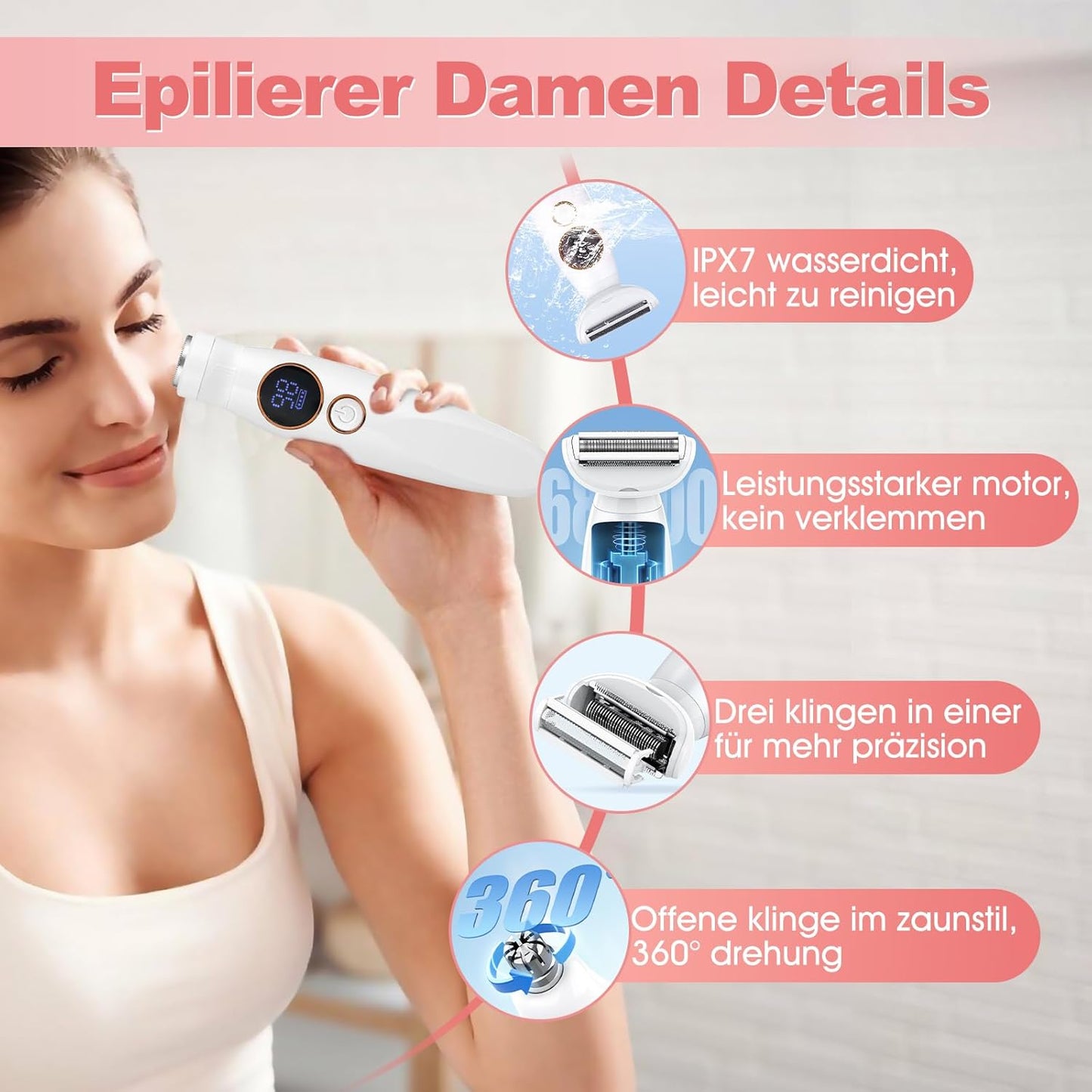 Epilierer Damen, 5-in-1 Kabelloser Intimrasierer Für Frauen, Ipx7 Wasserdicht Damenrasierer Elektrisch, Haartrimmer Intimbereich Mit Ladestation, Bikini Trimmer Für Achseln Beine Gesicht Nase