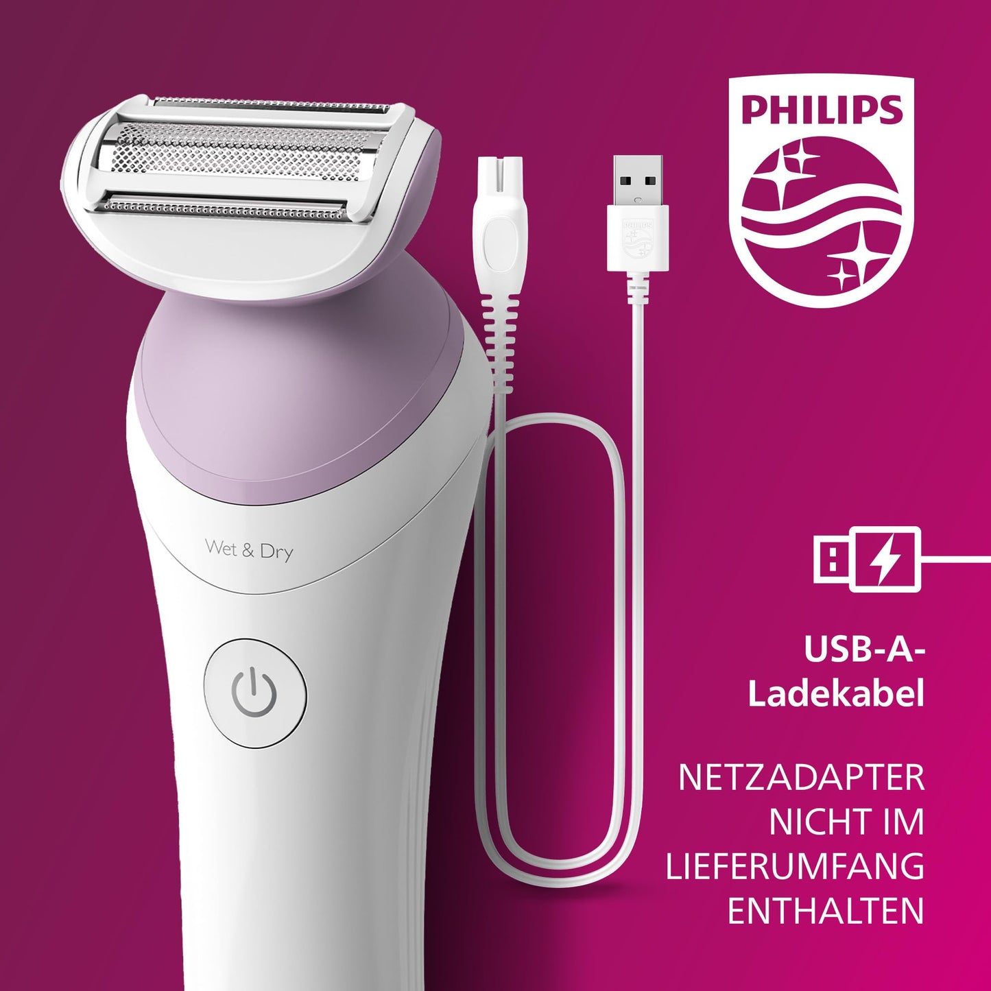 Philips Lady Shaver Series 6000 – Kabelloser Nass- und Trockenrasierer mit 4 Zubehörteilen, Körperpeeling-Handschuh, Kammaufsatz (Modell BRL136/00)