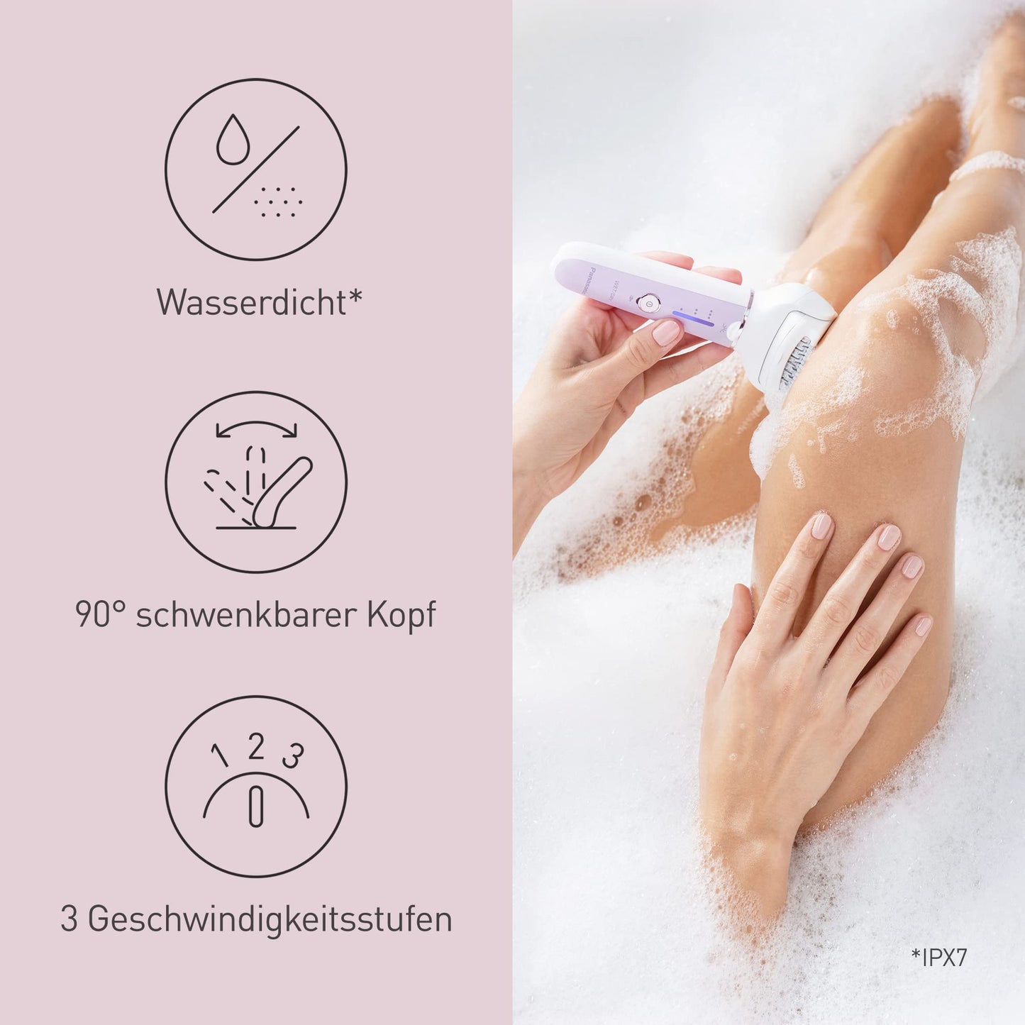 Panasonic ES-EY90-A503 Nass/Trockenepilierer, Dual Disc mit 60 Pinzetten, 90° schwenkbarer Kopf, 3 Geschwindigkeiten & LED-Licht, 30 Min. Betrieb, kabellos, Haarentferner, Scher- und Fußpflegekopf.