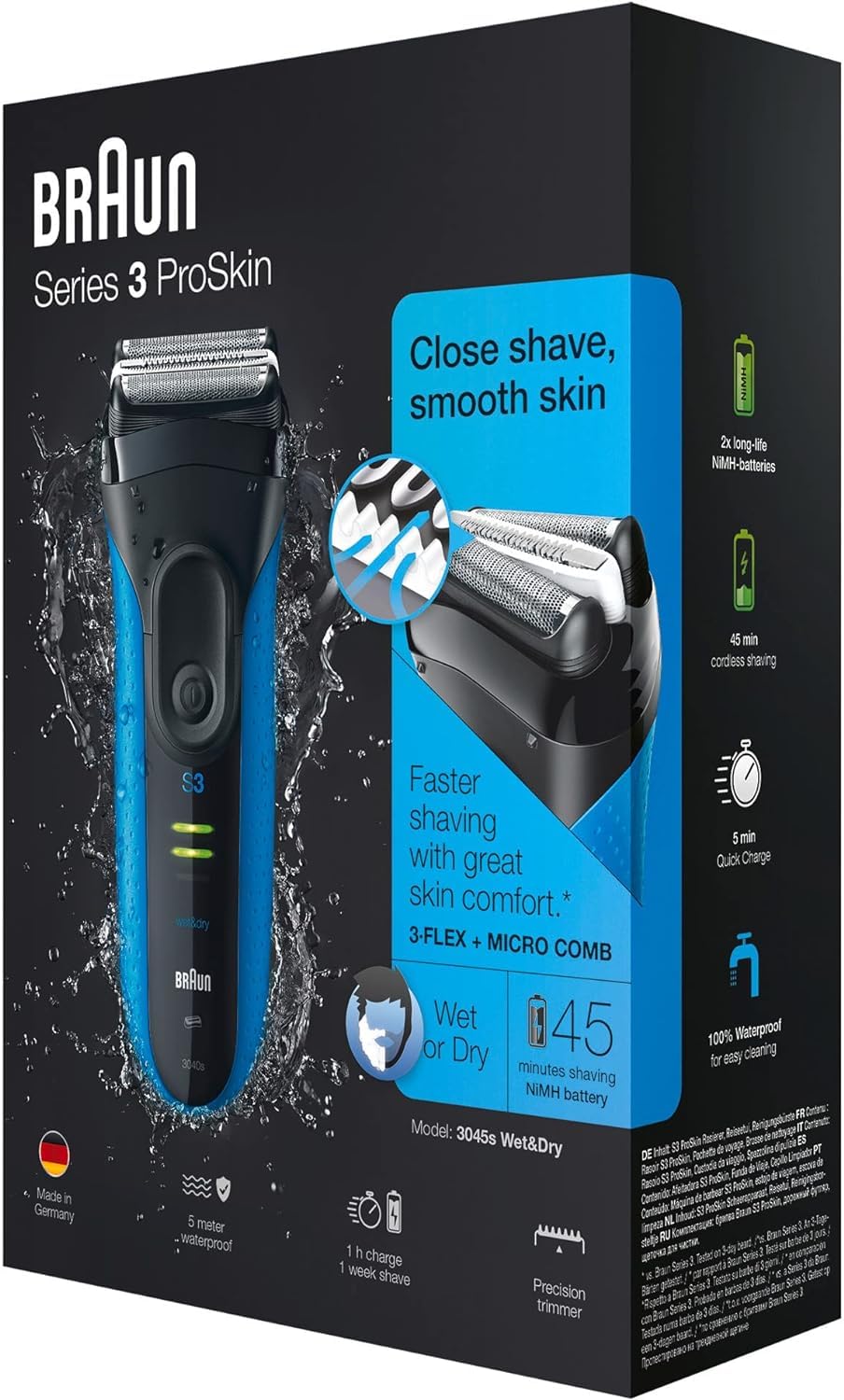 Braun Series 3 ProSkin Elektrorasierer mit Präzisionstrimmer, Rasierer Herren Elektrisch, elektrischer Rasierer, Wet&Dry, rasierapparat, trockenrasierer, Made in Germany, 3040s, schwarz/blau