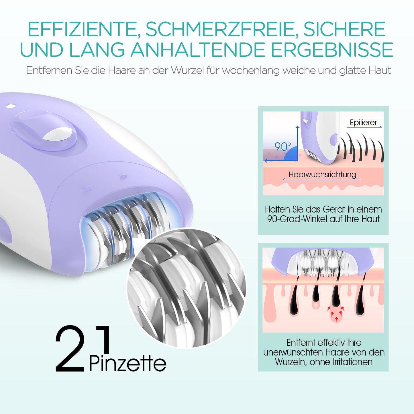 VOGOE Women's Epilator for Hair Removal, Epelator Body 4 in 1 Electric Wireless, 21 Tweezers for Face, Legs, Arms, Bikini, HR310 Green