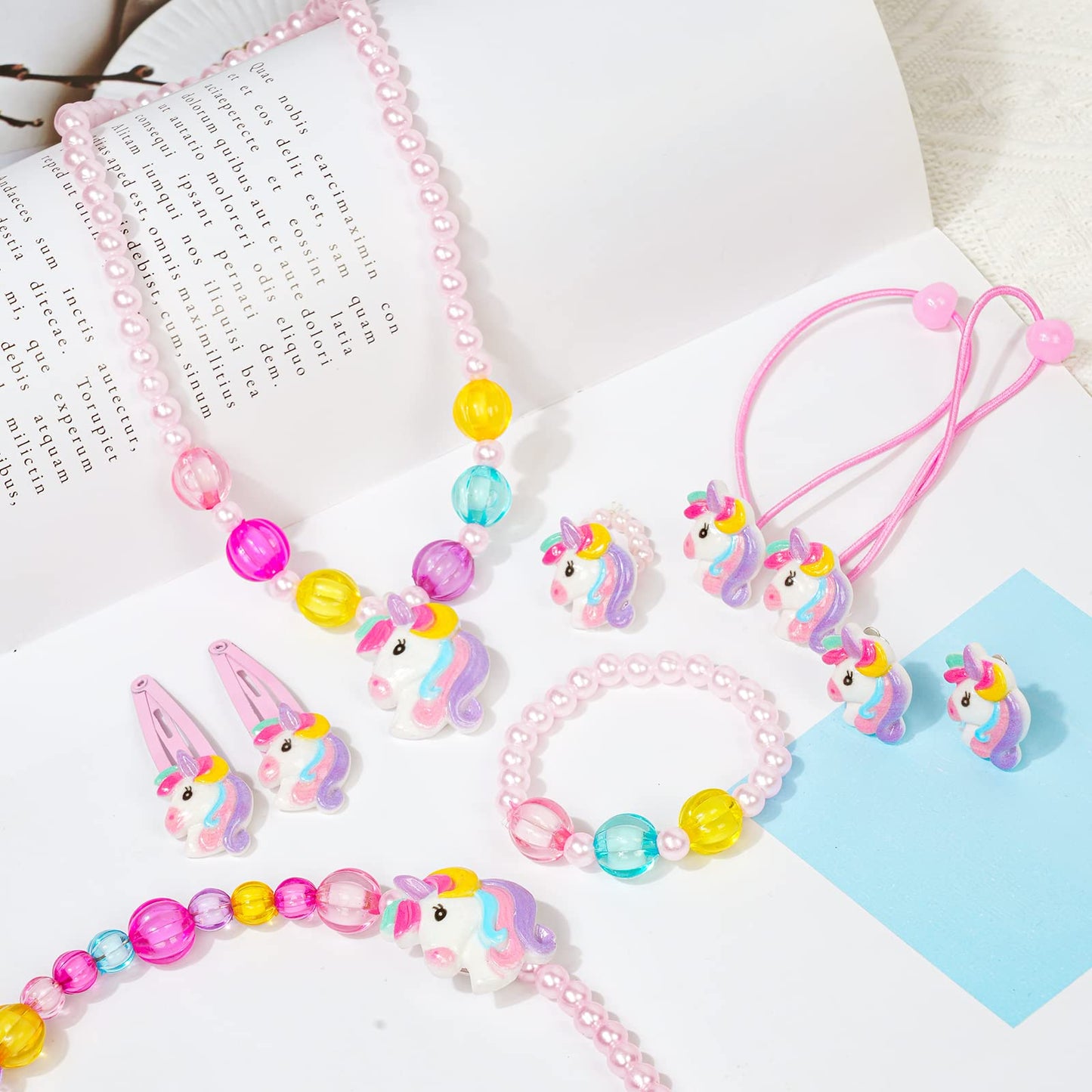 OSDUE Schmuckset Mädchen, Kinderschmuck Enthalten Halskette, Ringe, Armbänder, Ohrring, Schmuck Set Einhorn für Party Dress Up Geschenk
