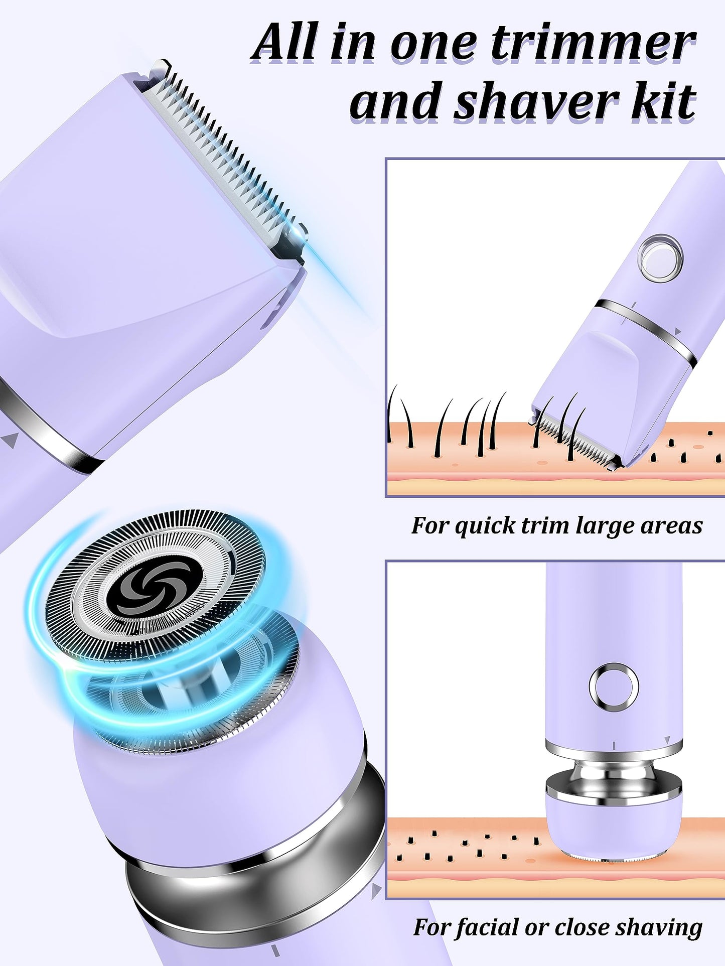 Cayzor Intimate Shaver for Women - 2 in 1 Wet/Dry Waterproof Razor Women's Intimate Area Wireless and Painless Facial Hair Remover for Pubic Face Armpits Legs