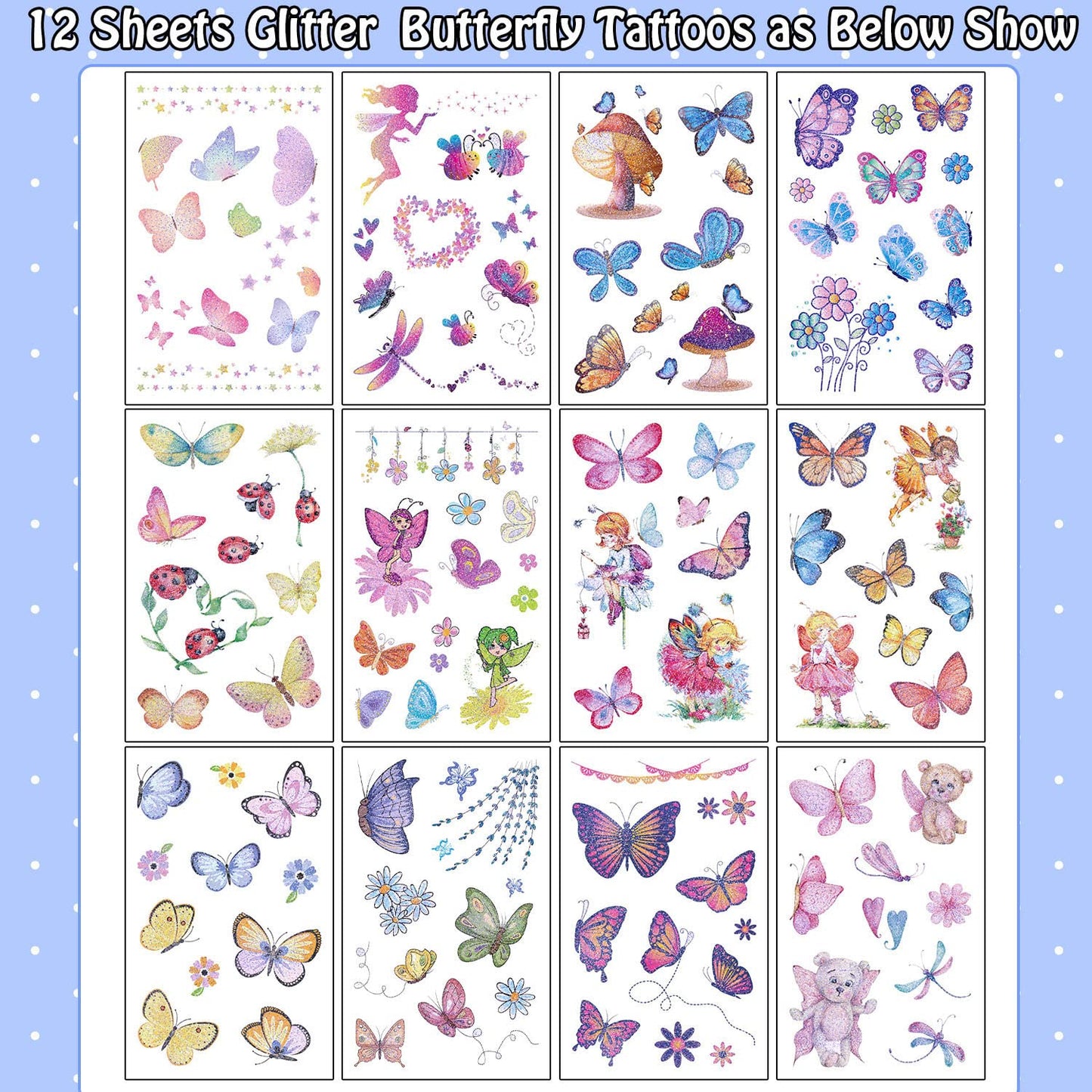 Leesgel Schmetterlings Tattoos für Kinder, 130 Stück Glitzer Tattoo Set für Einschulung Geschenke Mädchen ab 5 6 7 8 9 Jahre, Glitter Girls Mitgebsel Kindergeburtstag Schultüte Füllung