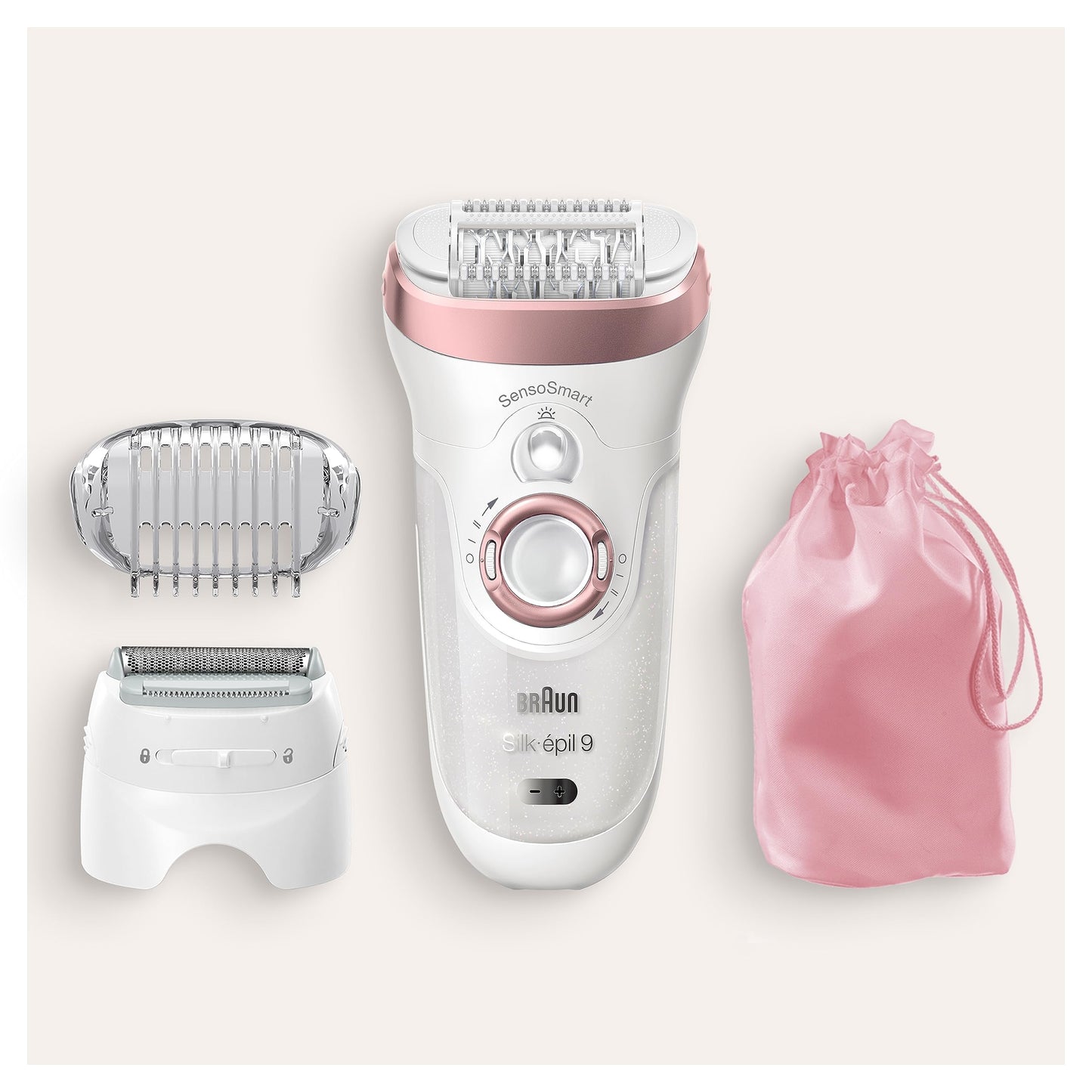 Braun Silk-épil 9 Women's Epilator / Hair Remover for Long-Lasting Hair Removal, Attachments for Razor, Trimmer and Massage for Body, Bag, 9-730, White/Rose Gold