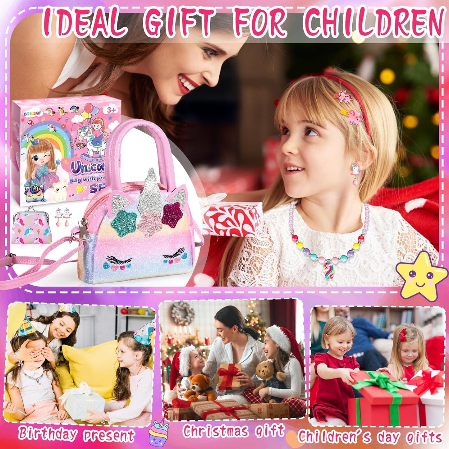 BGIUSQF 17 Piece Unicorn Handbag Jewellery Set for Girls - Gifts, Bags, Necklaces, Bracelets, Rings, Hairpins, PVC
