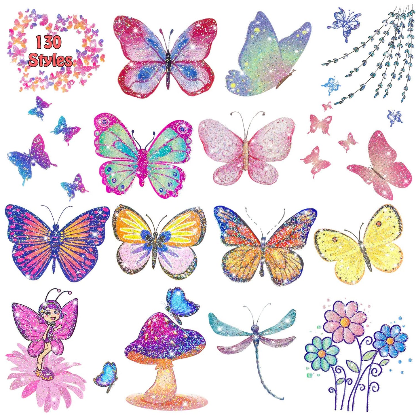 Leesgel Schmetterlings Tattoos für Kinder, 130 Stück Glitzer Tattoo Set für Einschulung Geschenke Mädchen ab 5 6 7 8 9 Jahre, Glitter Girls Mitgebsel Kindergeburtstag Schultüte Füllung
