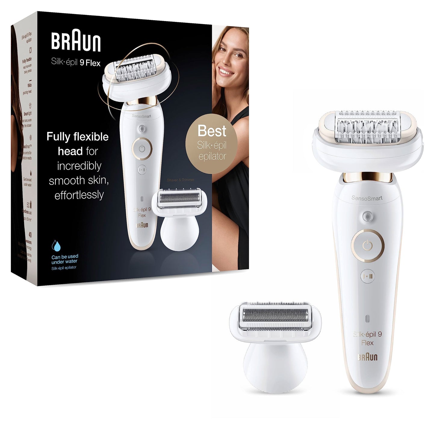 Braun Silk-épil 9 Flex Beauty-Set, Epilierer Damen / Haarentferner, FaceSpa Gesichtsreinigungsbürste, 9 Aufsätze, Tasche, mit flexiblem Kopf für einfachere Haarentfernung, 9100, weiß/gold
