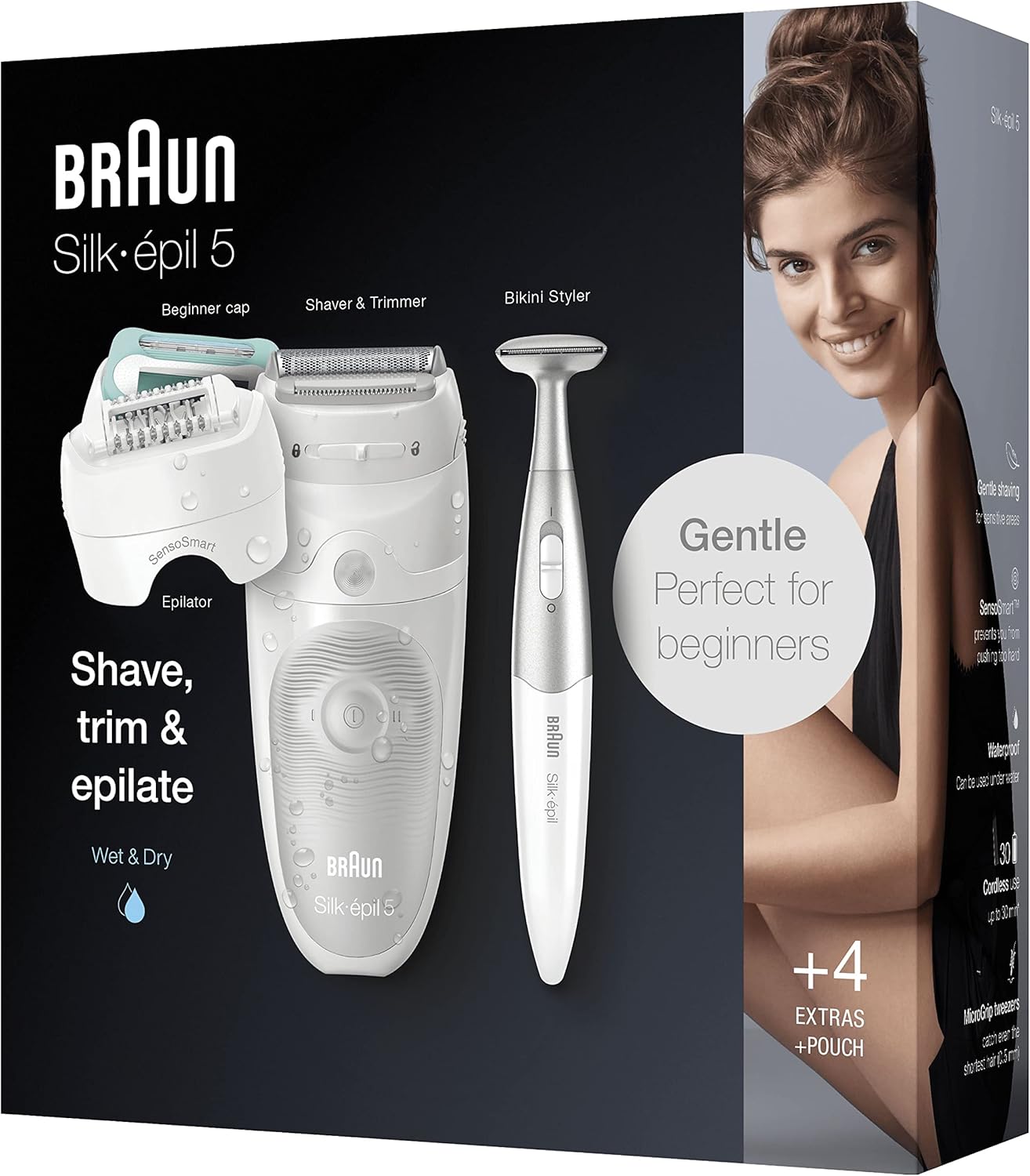 Braun Silk-épil 5 Epilierer Damen für Haarentfernung / Haarentferner, inkl. Bikinitrimmer (Haartrimmer Intimbereich), Einsteiger-Aufsatz, schwenkbarer Kopf, 5-825, weiß/grau