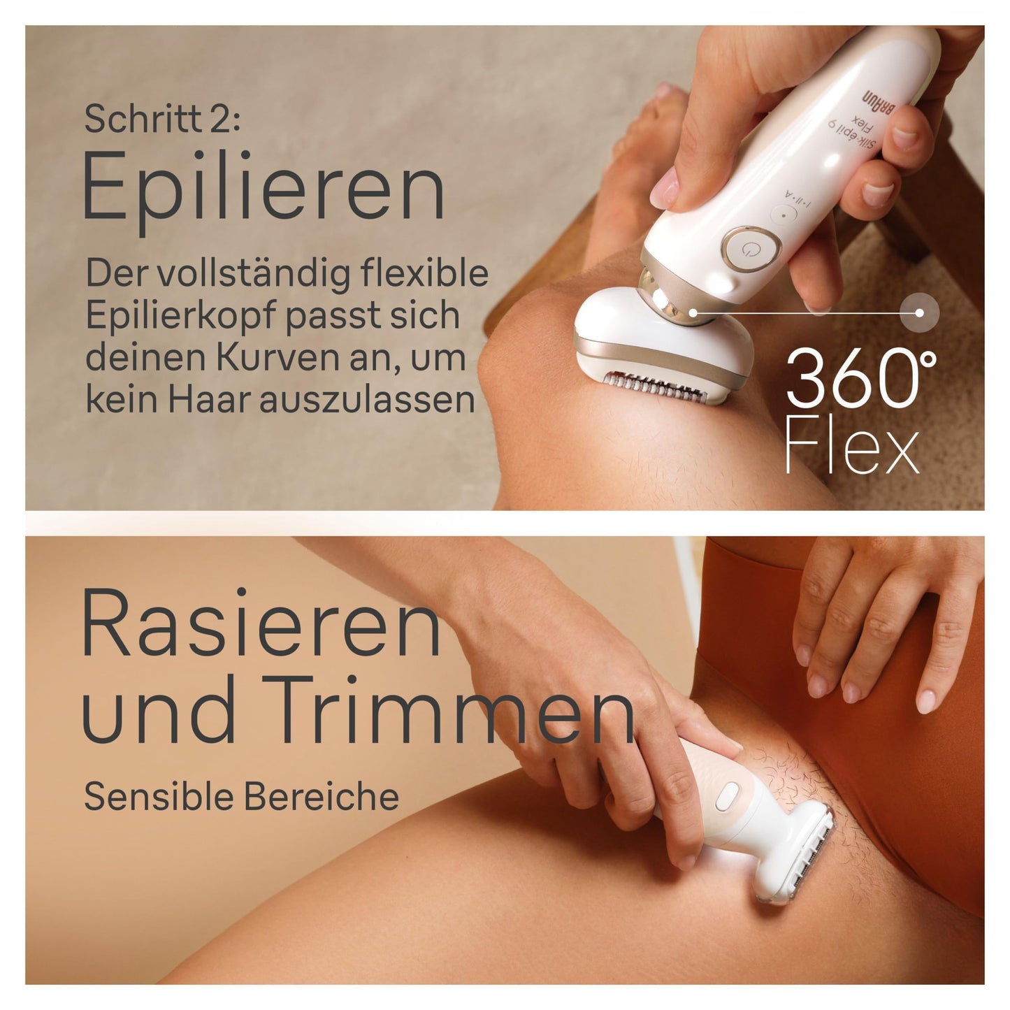 Braun Silk-épil 9 Flex, Epilierer mit flexiblem 360°-Kopf für eine einfache Haarentfernung, Wet&Dry, langanhaltend glatte Haut, Ladyshaver, mit Rasieraufsatz und Trimmeraufsatz, 9-041 3D, Weiß/Gold