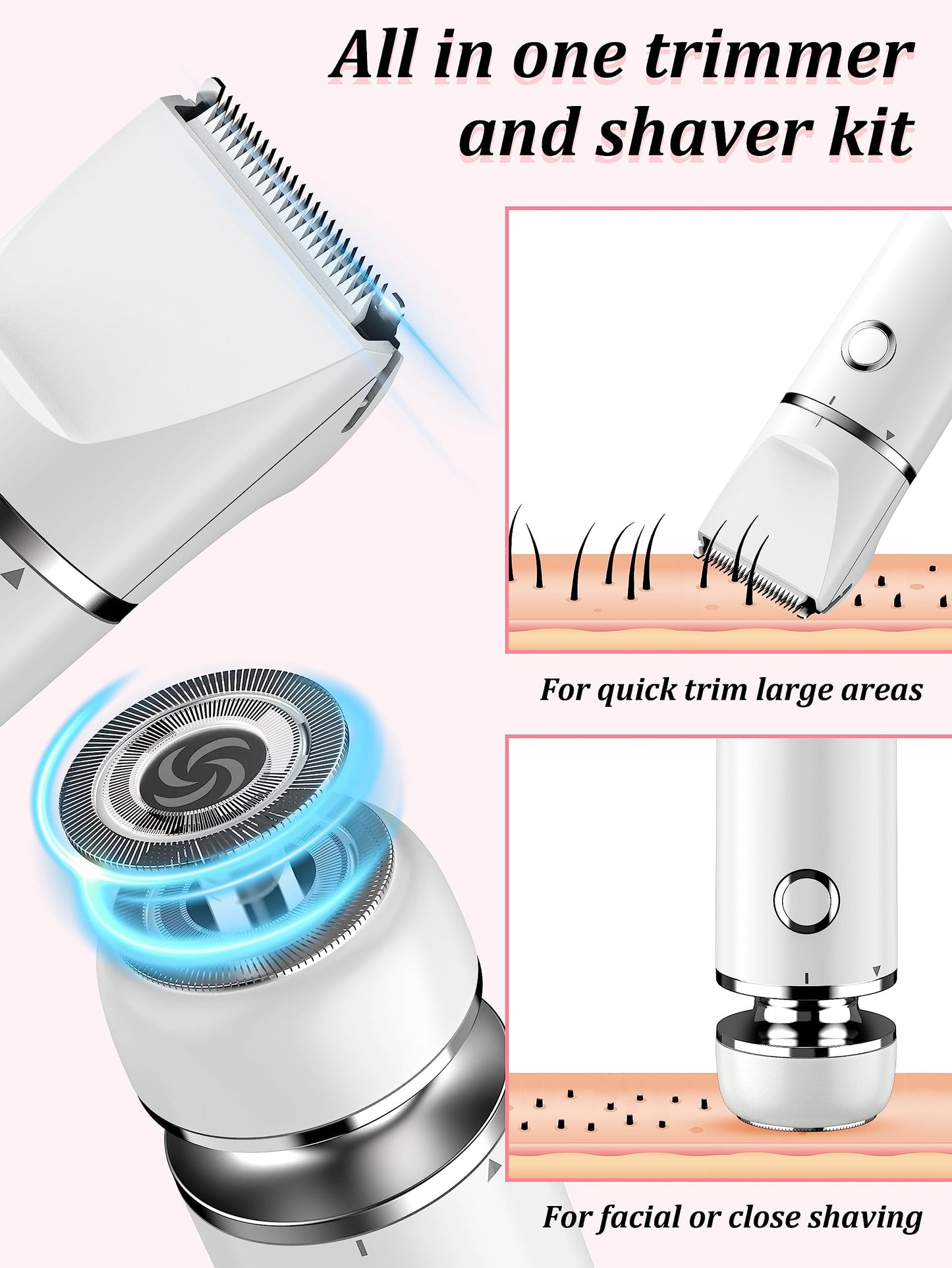 Cayzor Intimate Shaver for Women - 2 in 1 Wet/Dry Waterproof Razor Women's Intimate Area Wireless and Painless Facial Hair Remover for Pubic Face Armpits Legs