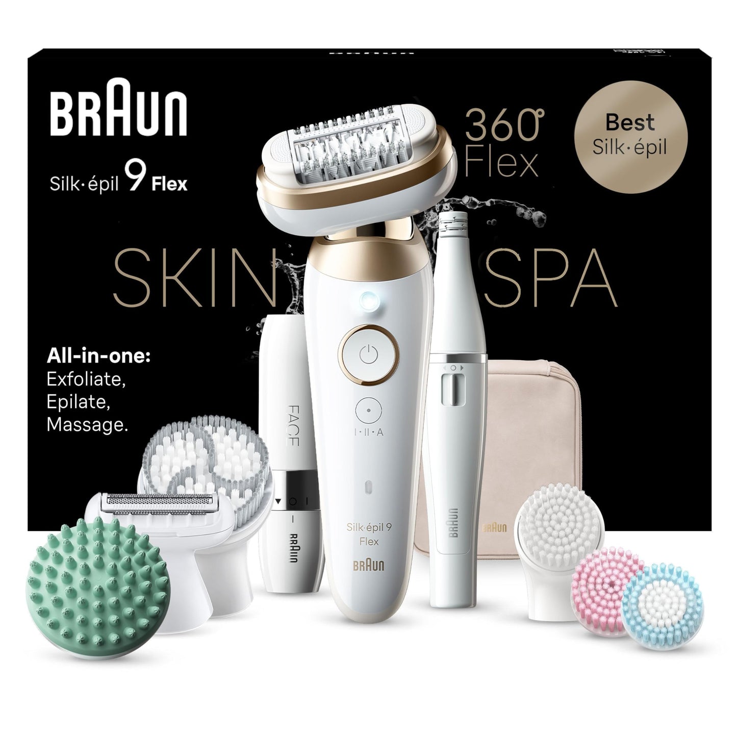 Braun Silk-épil 9 Flex, Epilierer mit flexiblem 360°-Kopf für eine einfache Haarentfernung, Wet&Dry, langanhaltend glatte Haut, Ladyshaver, mit Rasieraufsatz und Trimmeraufsatz, 9-041 3D, Weiß/Gold