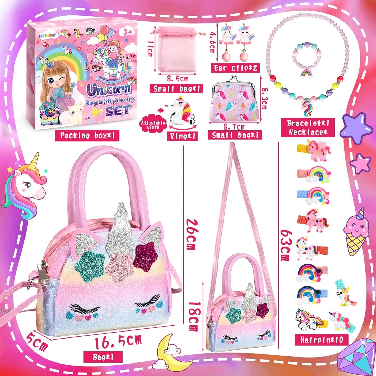 BGIUSQF 17 Piece Unicorn Handbag Jewellery Set for Girls - Gifts, Bags, Necklaces, Bracelets, Rings, Hairpins, PVC