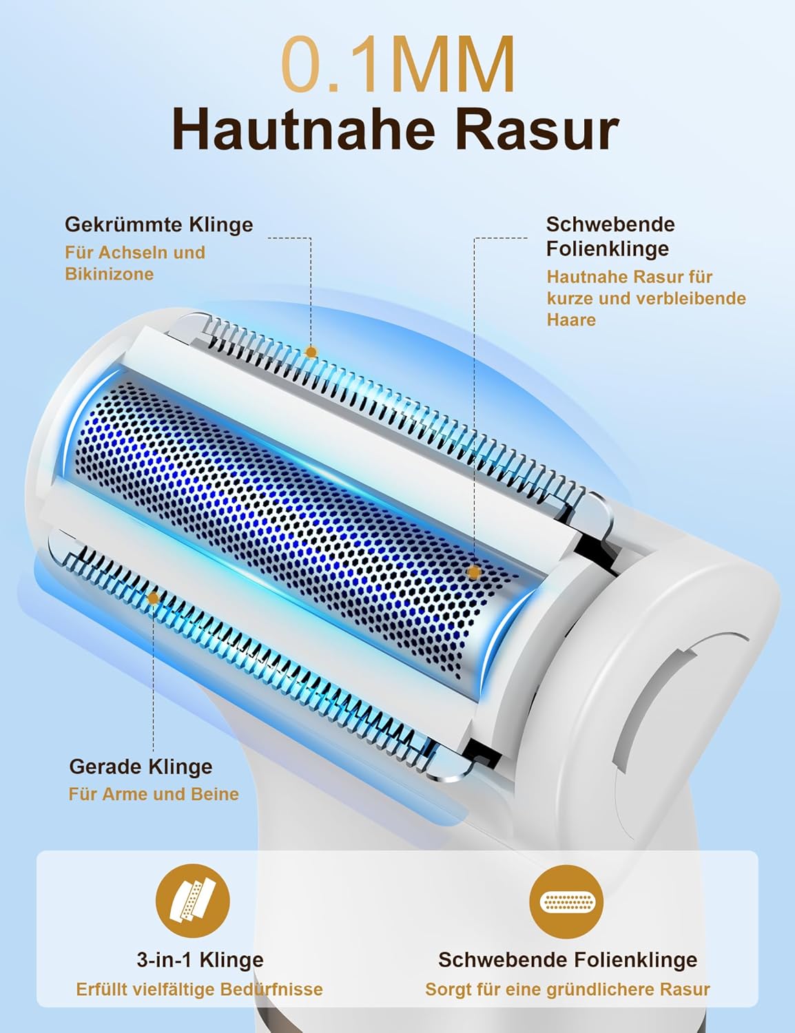 Rasierer Damen, 3-in-1 Intimrasierer für Frauen für Beine, Arme, Achseln und Bikinizone, Wiederaufladbar mit USB-Ladestation, Wasserdicht für Nass- und Trockenanwendung Damenrasierer Elektrisch, Weiß