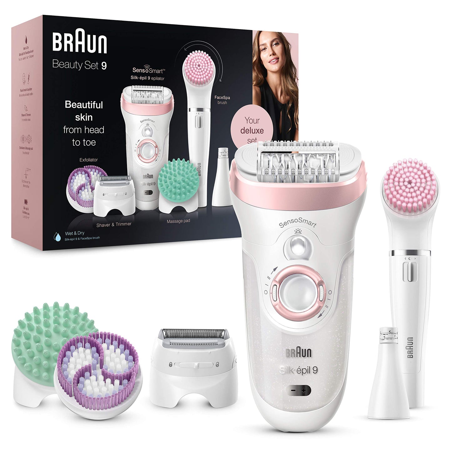 Braun Silk-épil 9, Epilierer mit schwenkbarem Kopf für eine einfache Haarentfernung, Wet&Dry, langanhaltend seidig-glatte Haut, Ladyshaver, Rasieraufsatz und Trimmeraufsatz,9-030, Weiß/Flamingorosa