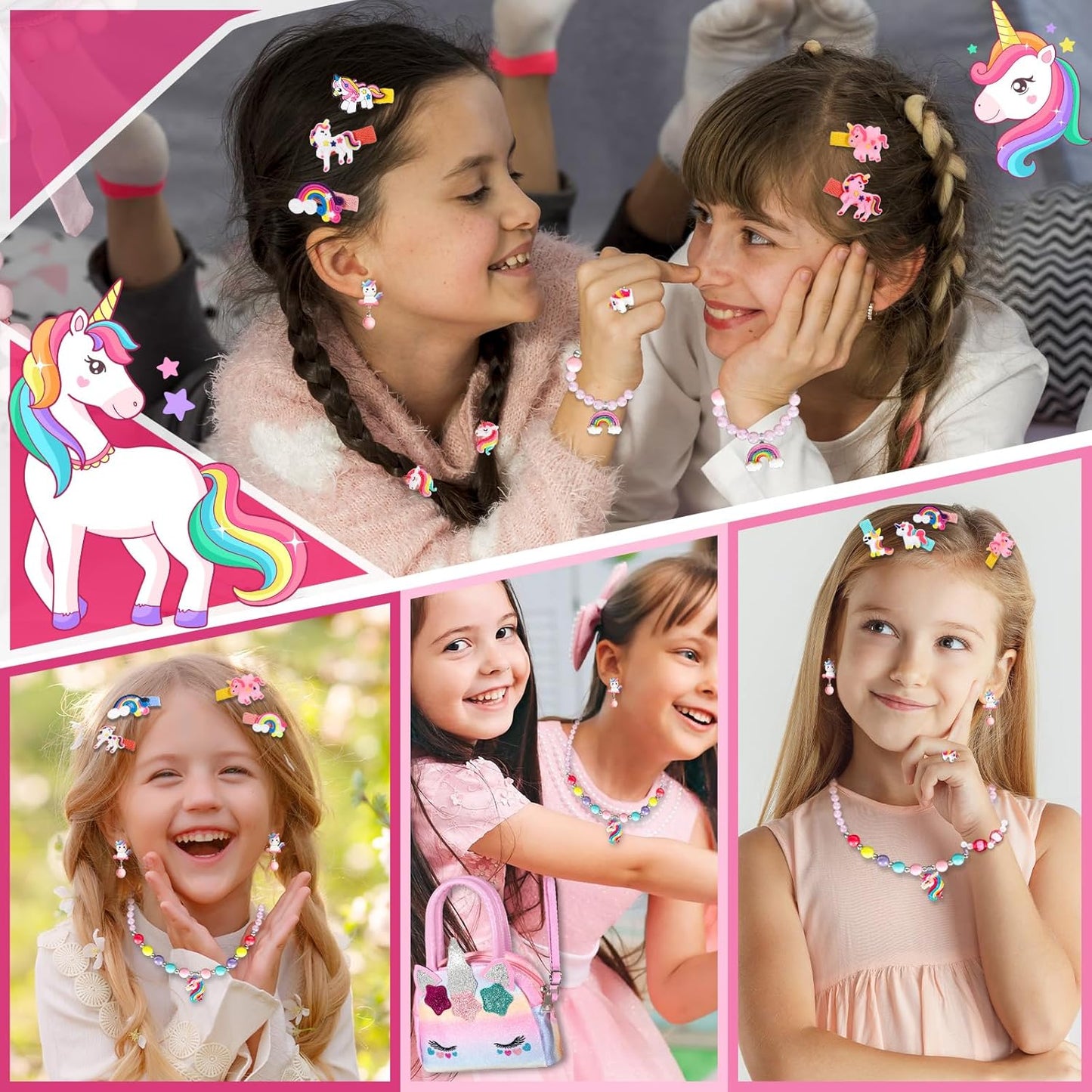 BGIUSQF 17 Piece Unicorn Handbag Jewellery Set for Girls - Gifts, Bags, Necklaces, Bracelets, Rings, Hairpins, PVC