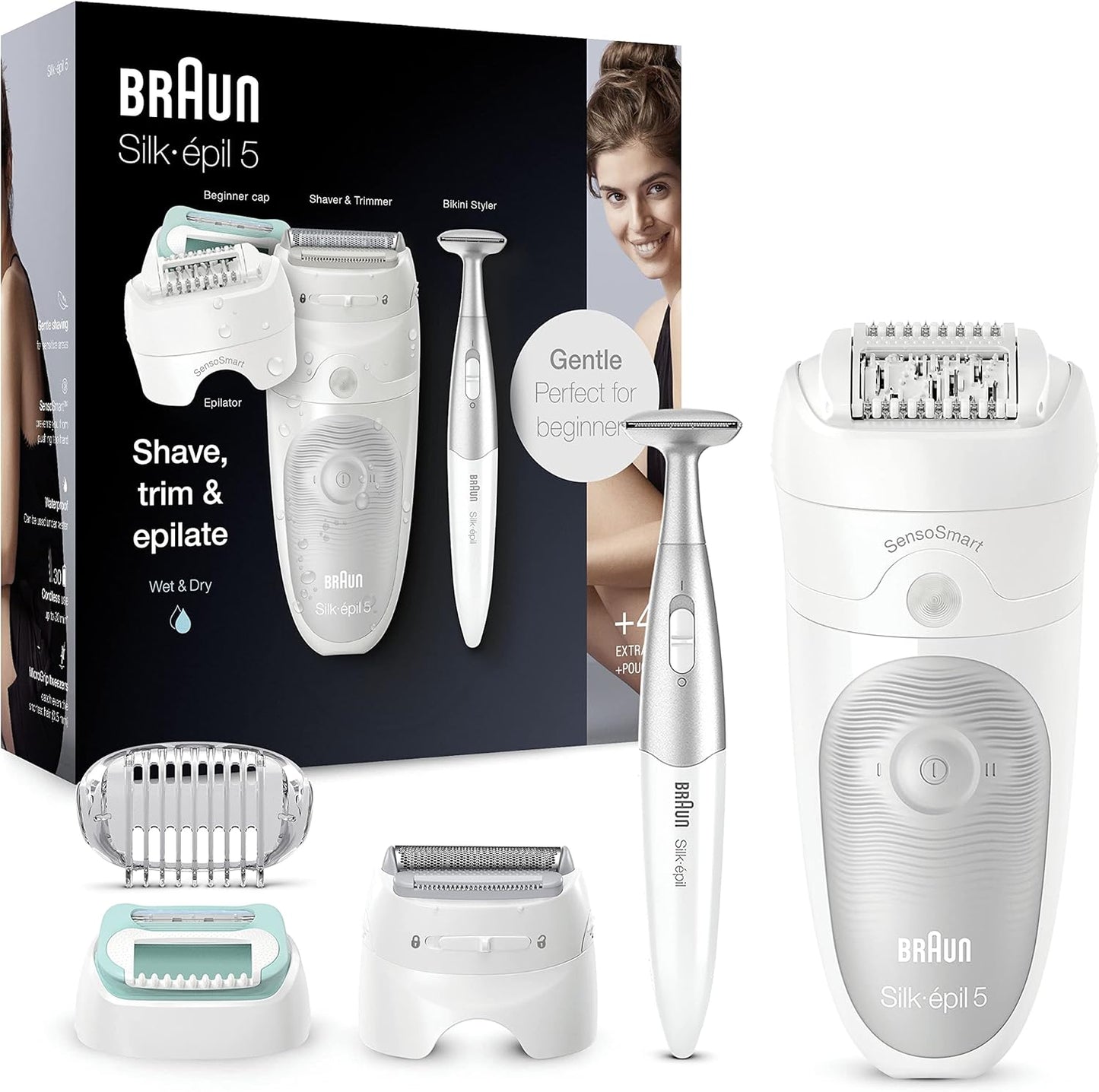 Braun Silk-épil 5 Epilierer Damen für Haarentfernung / Haarentferner, inkl. Bikinitrimmer (Haartrimmer Intimbereich), Einsteiger-Aufsatz, schwenkbarer Kopf, 5-825, weiß/grau