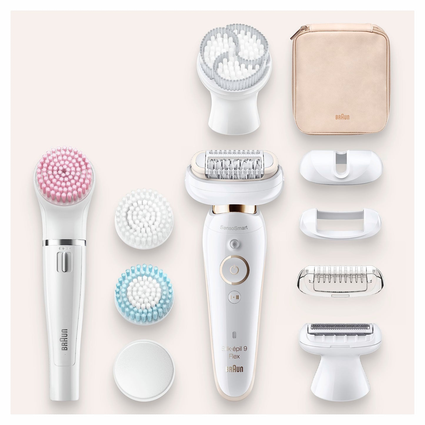 Braun Silk-épil 9 Flex Beauty-Set, Epilierer Damen / Haarentferner, FaceSpa Gesichtsreinigungsbürste, 9 Aufsätze, Tasche, mit flexiblem Kopf für einfachere Haarentfernung, 9100, weiß/gold