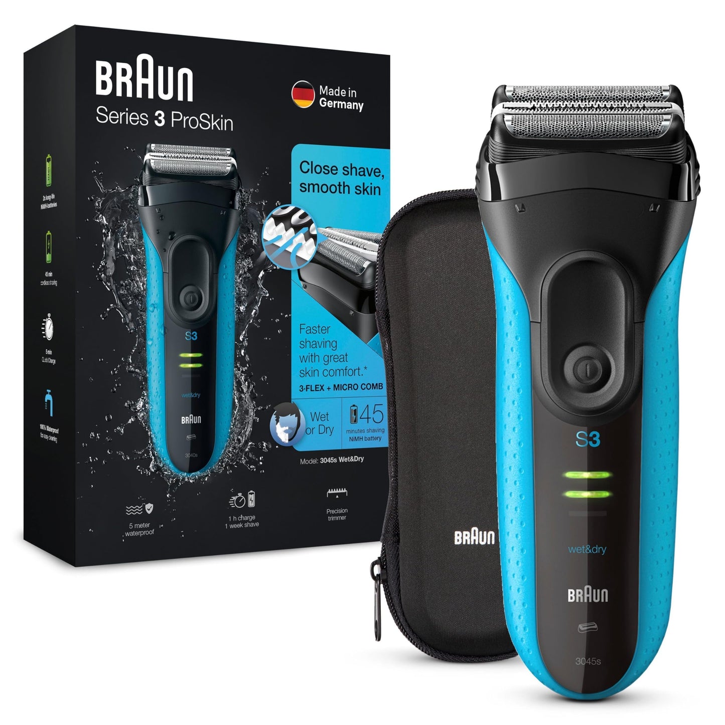 Braun Series 3 ProSkin Elektrorasierer mit Präzisionstrimmer, Rasierer Herren Elektrisch, elektrischer Rasierer, Wet&Dry, rasierapparat, trockenrasierer, Made in Germany, 3040s, schwarz/blau