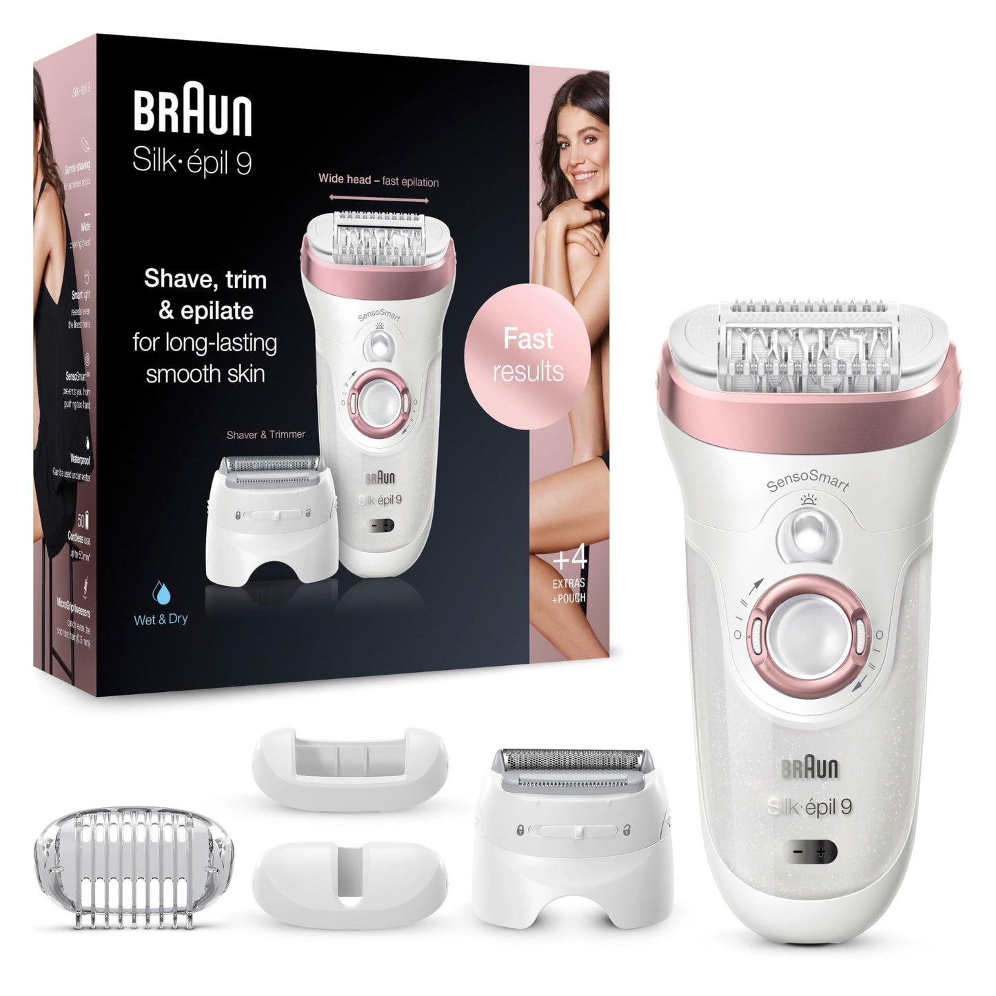 Braun Silk-épil 9 Epilierer Damen / Haarentferner für langanhaltende Haarentfernung, Rasier- und Trimmeraufsatz, Micro-Grip-Pinzetten-Technologie, Hochfrequenz-Massageaufsatz, 9-725, weiß/roségold